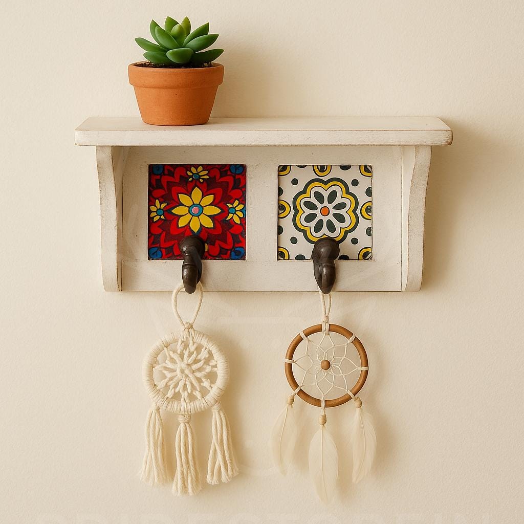 Rustic Handmade Wooden Wall Shelf with Ceramic Tiles & Strong Hooks  Rustic Key Holder, Jewelry, Towel, and Accessory Organizer