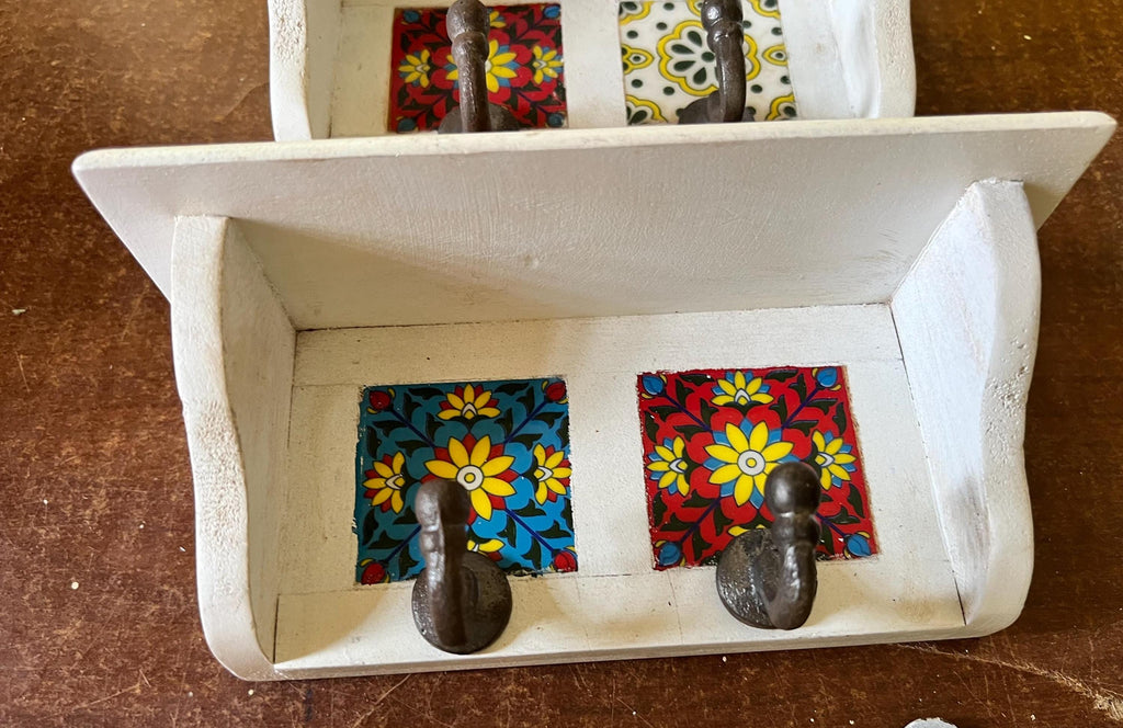 Rustic Handmade Wooden Wall Shelf with Ceramic Tiles & Strong Hooks  Rustic Key Holder, Jewelry, Towel, and Accessory Organizer