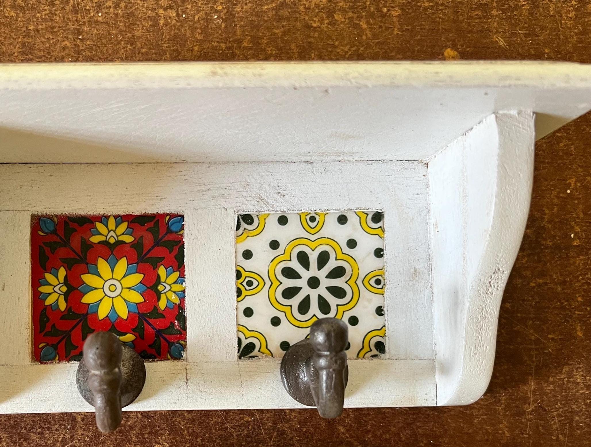 Rustic Handmade Wooden Wall Shelf with Ceramic Tiles & Strong Hooks  Rustic Key Holder, Jewelry, Towel, and Accessory Organizer