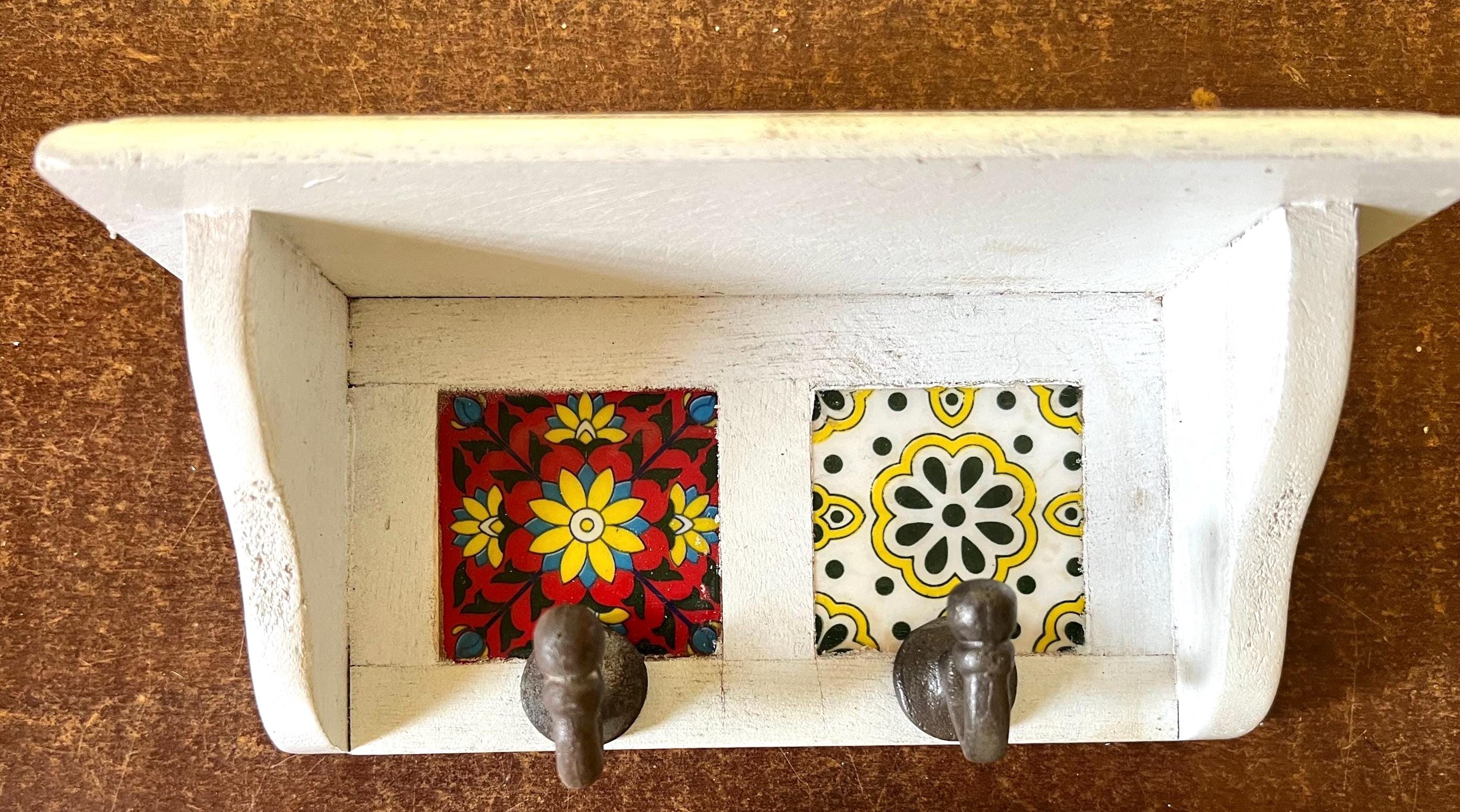 Key Holder Rustic White Wood : Colorful Ceramic Tile Rack