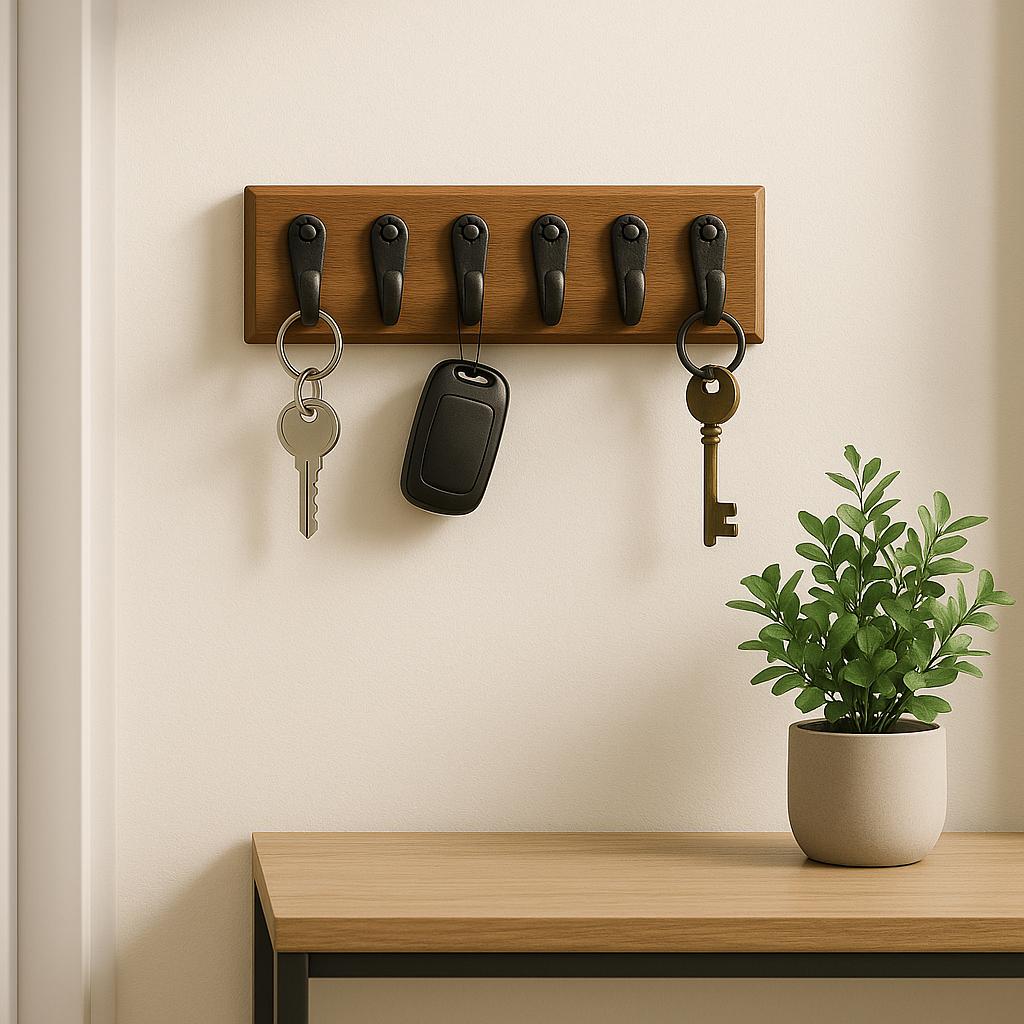 Rustic Wooden Key Holder with Vintage Hooks for Home Organization