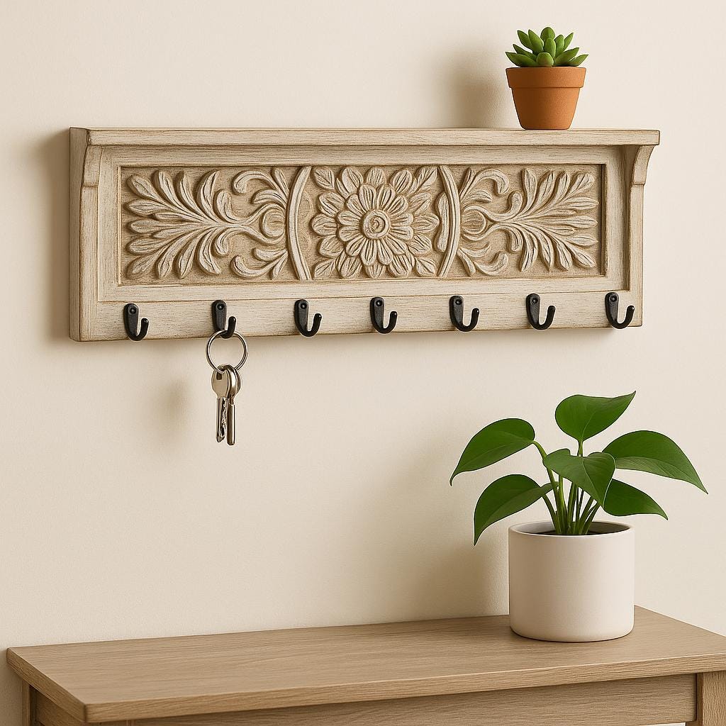 Wooden Wall Hook Rack - Floral Carving