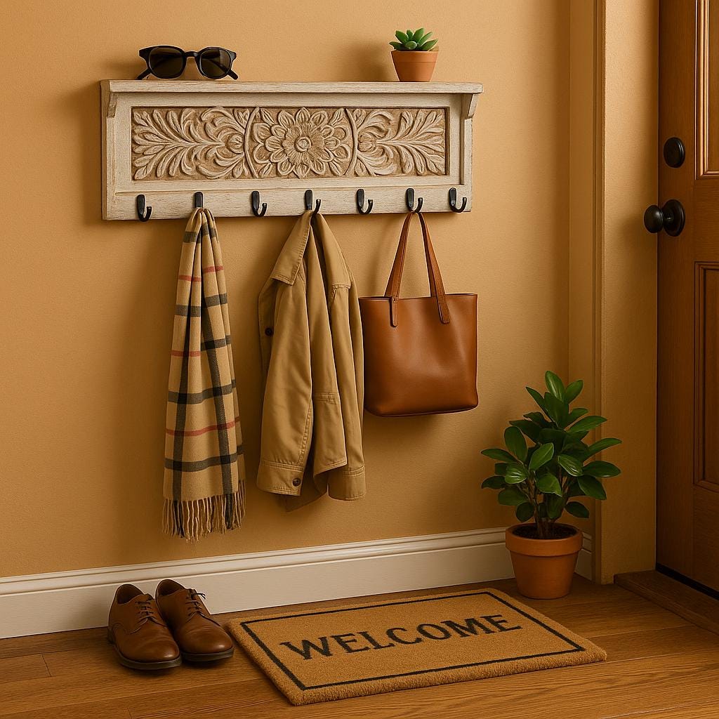 Wooden Wall Hook Rack - Floral Carving