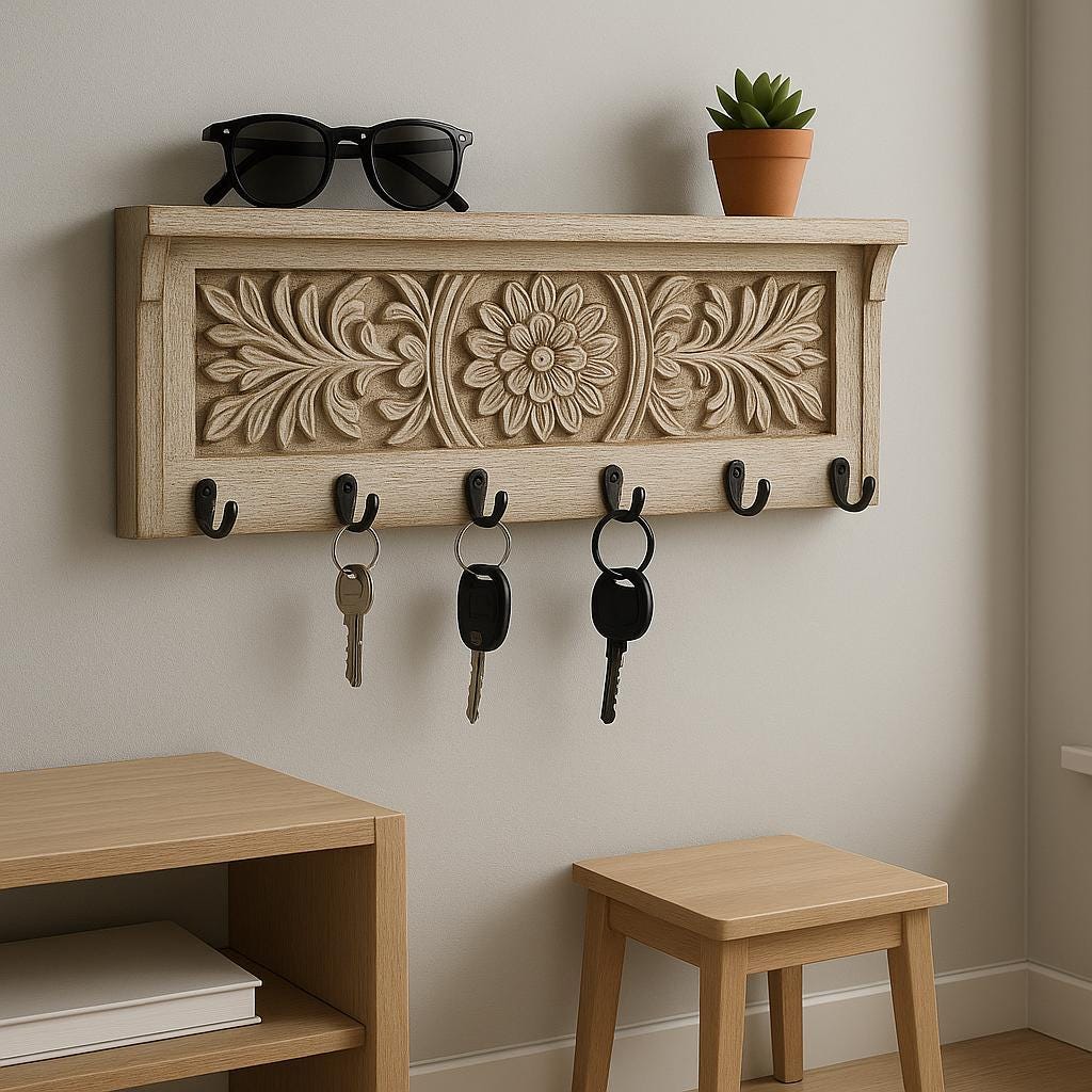 Wooden Wall Hook Rack - Floral Carving