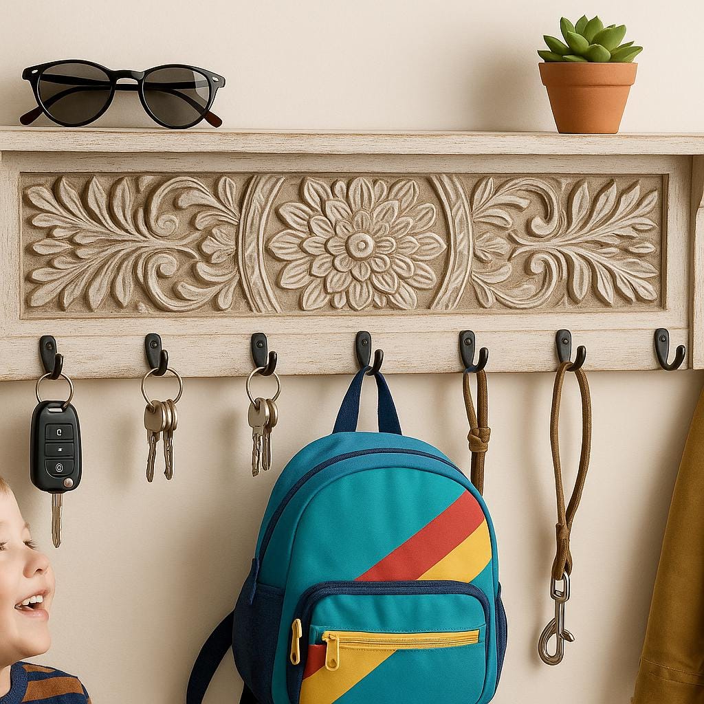 Wooden Wall Hook Rack - Floral Carving