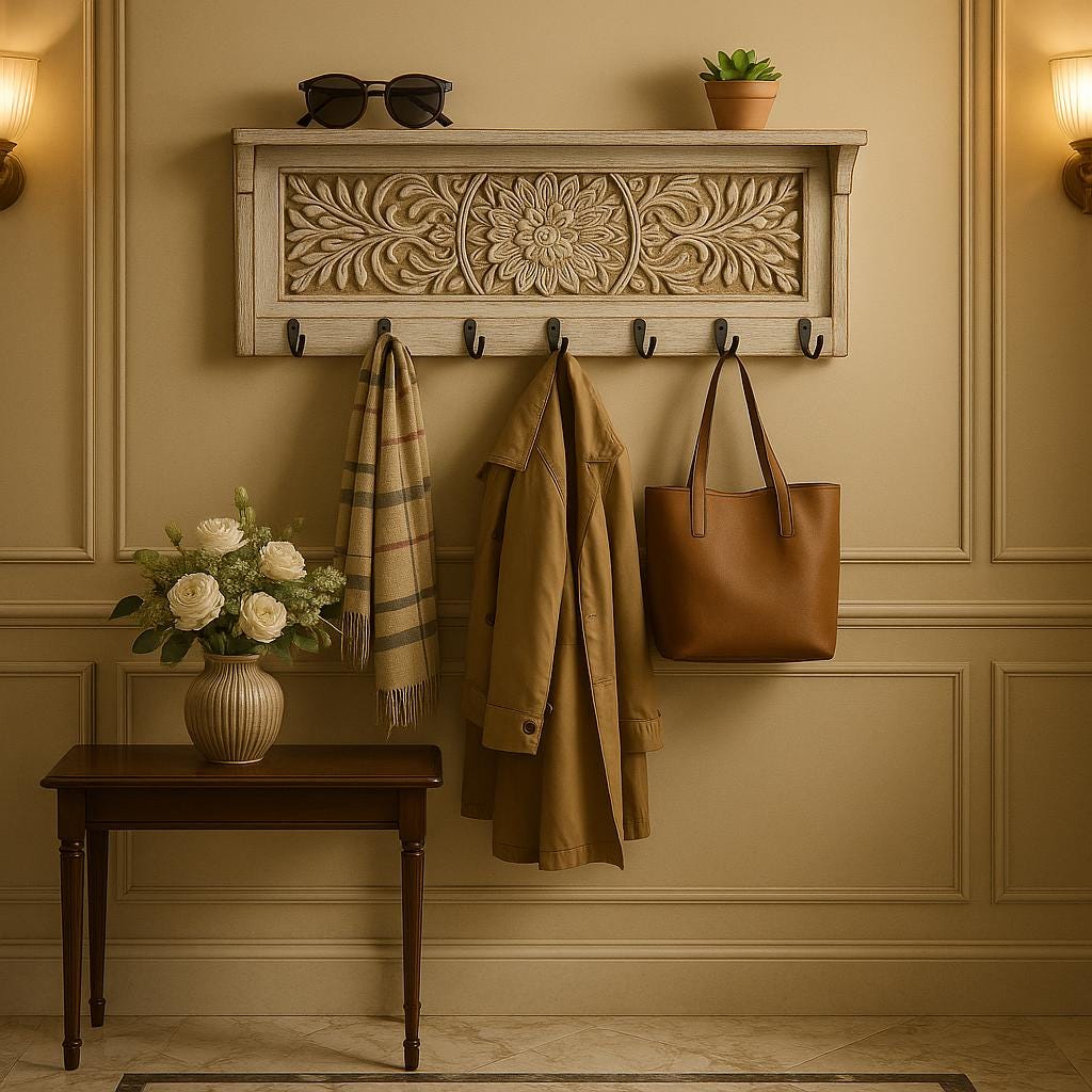 Wooden Wall Hook Rack - Floral Carving