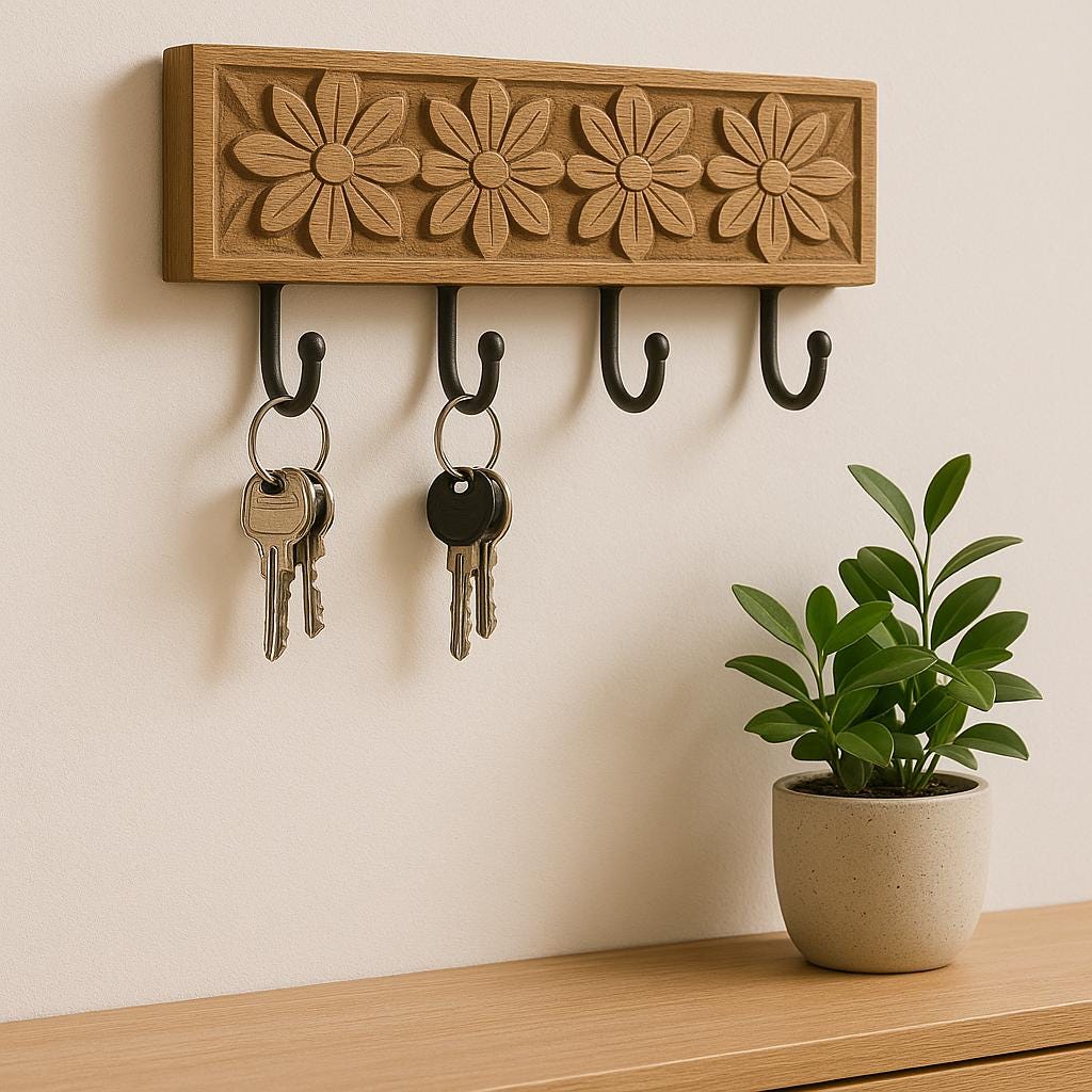 Floral Wooden Wall Hook Rack - Vintage Decor