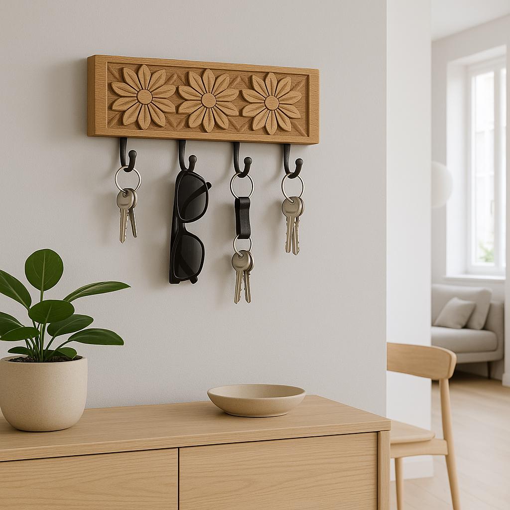 Floral Wooden Wall Hook Rack - Vintage Decor