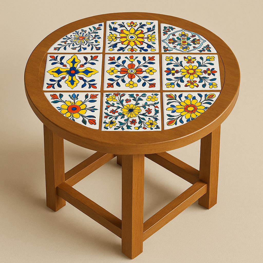 Round Wood Coffee Table - Ceramic Tile Inlay Boho