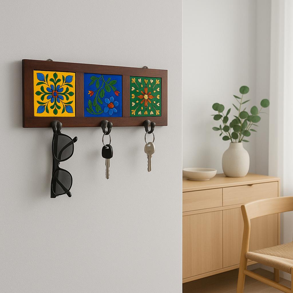 Floral Wall Hook Rack - 3 Hooks Wooden