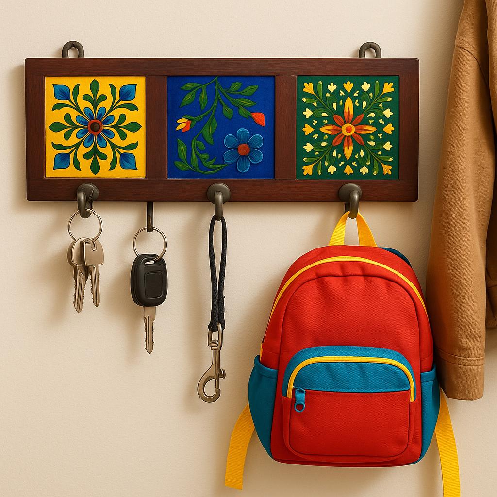 Floral Wall Hook Rack - 3 Hooks Wooden