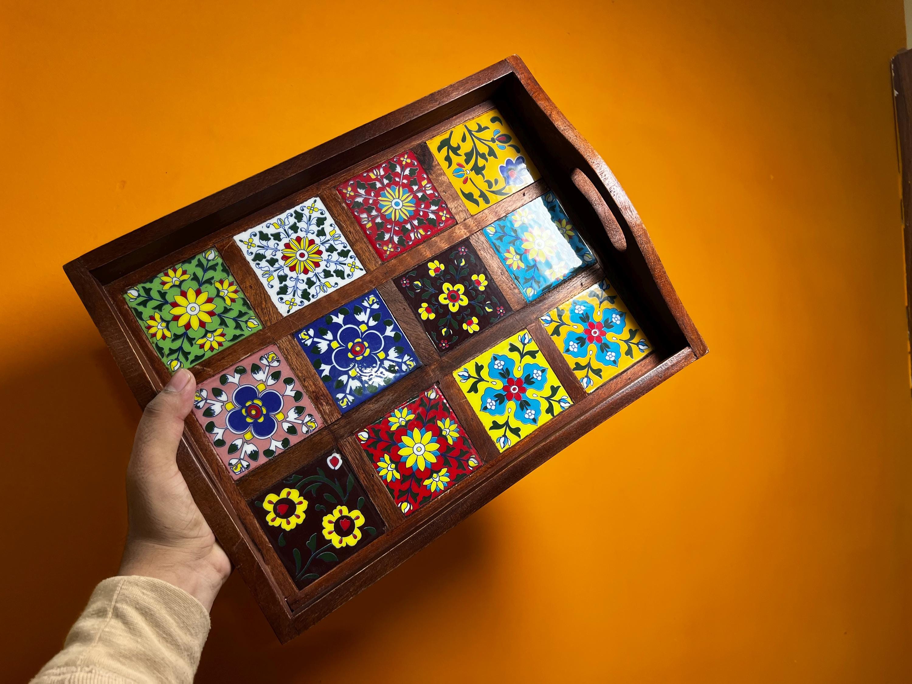 Wooden Serving Tray - 12 Ceramic Tiles