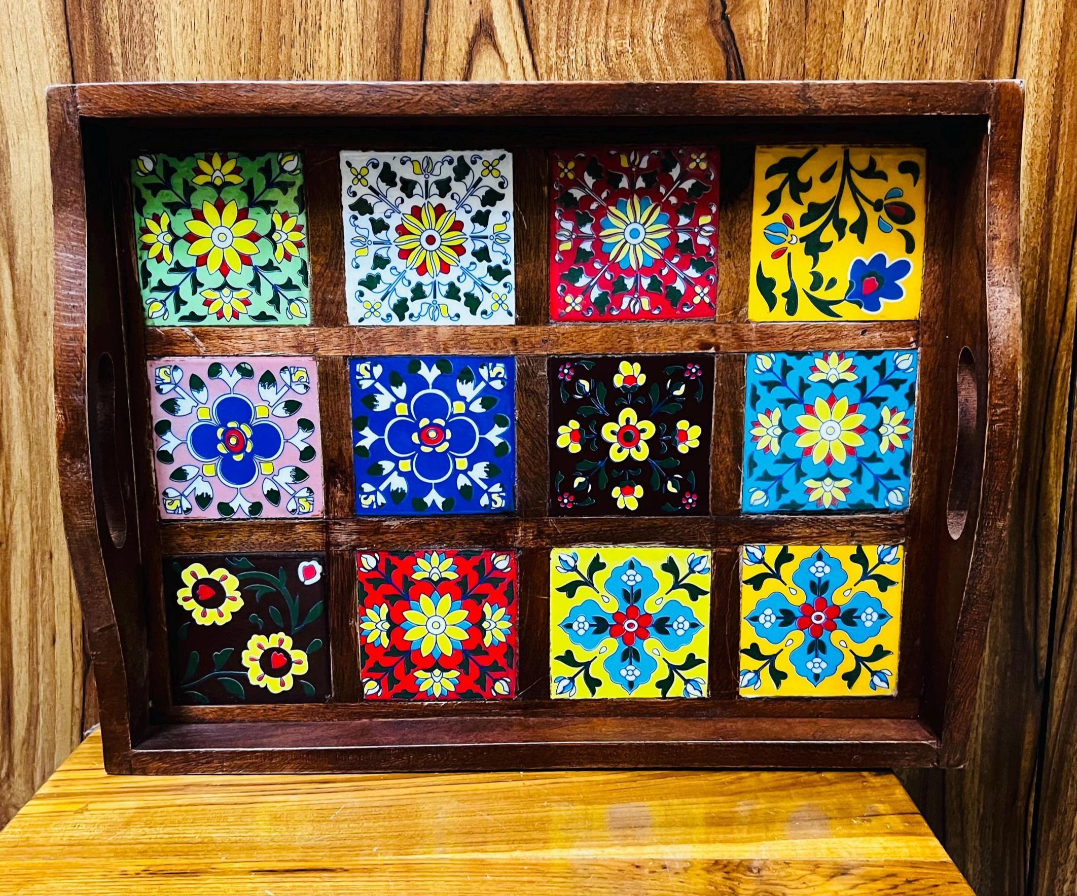 Wooden Serving Tray - 12 Ceramic Tiles