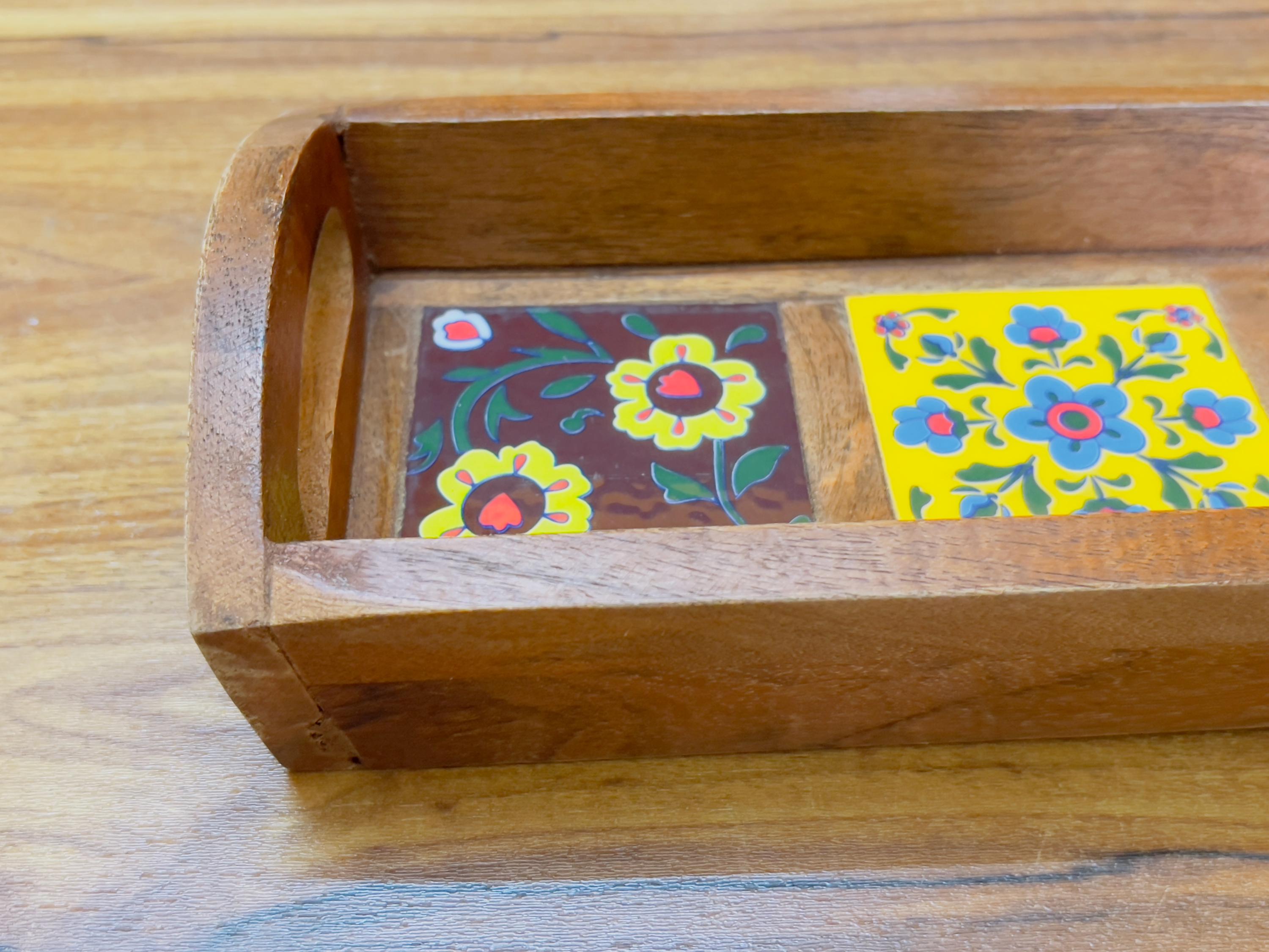 Unique Handcrafted Wooden Serving Tray: Boho Floral 3 Ceramic Tiles tray ( size available)