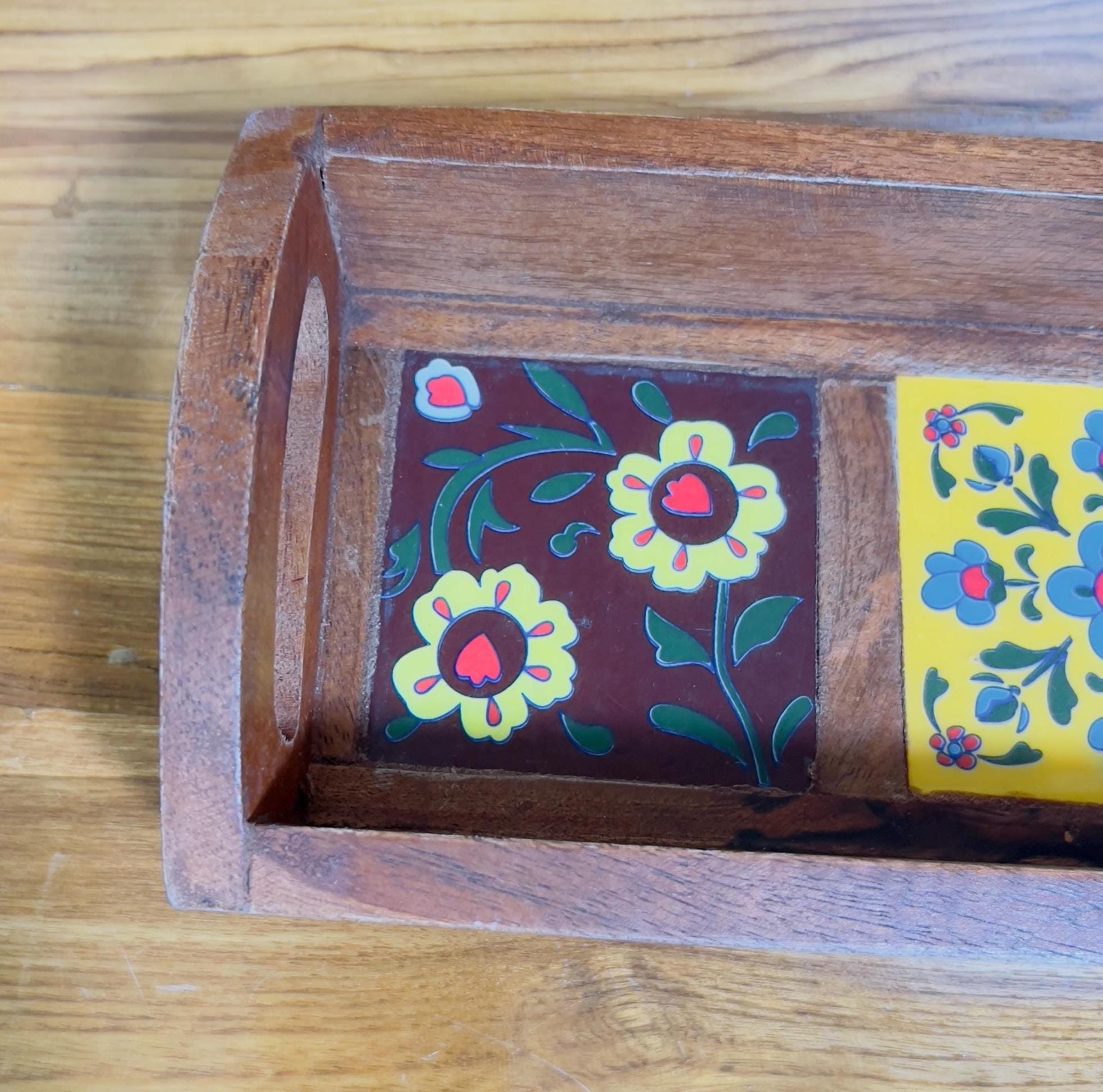 Unique Handcrafted Wooden Serving Tray: Boho Floral 3 Ceramic Tiles tray ( size available)