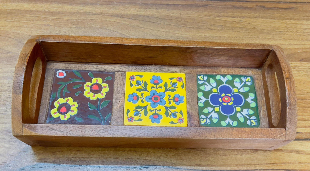 Unique Handcrafted Wooden Serving Tray: Boho Floral 3 Ceramic Tiles tray ( size available)
