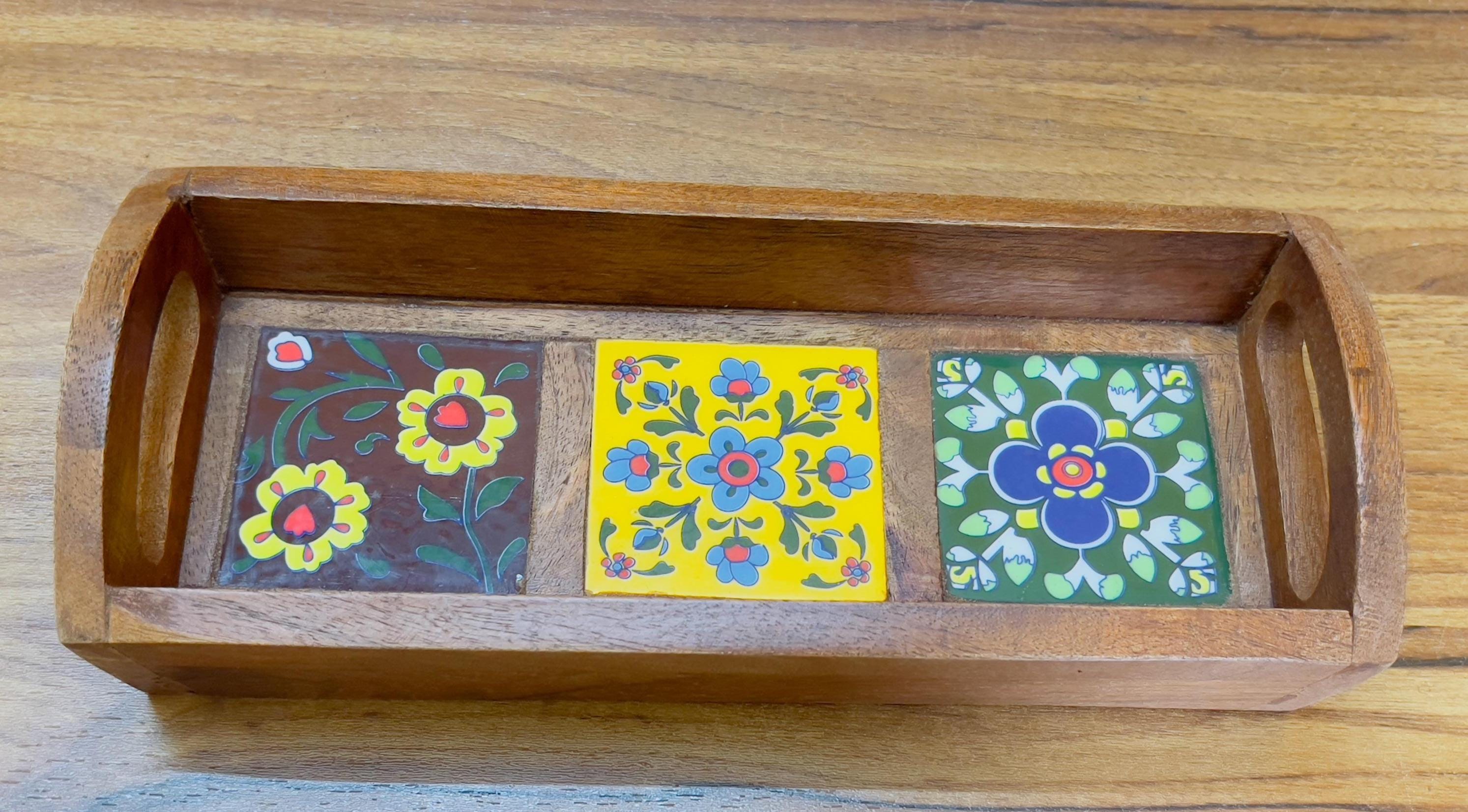 Unique Handcrafted Wooden Serving Tray: Boho Floral 3 Ceramic Tiles tray ( size available)