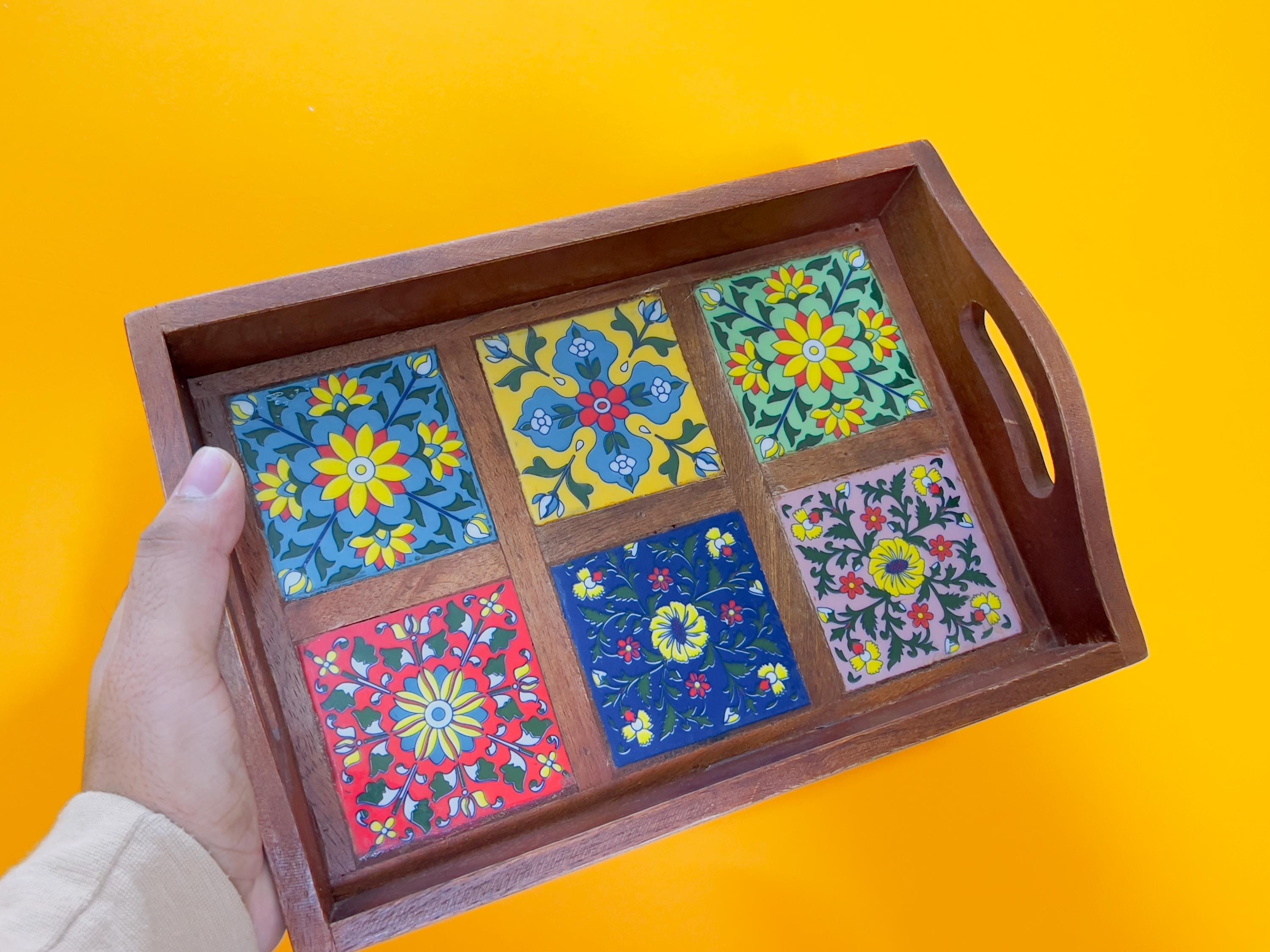 Unique Handcrafted Wooden Serving Tray: Boho Floral 6 Inlay Ceramic Tiles tray ( size available)