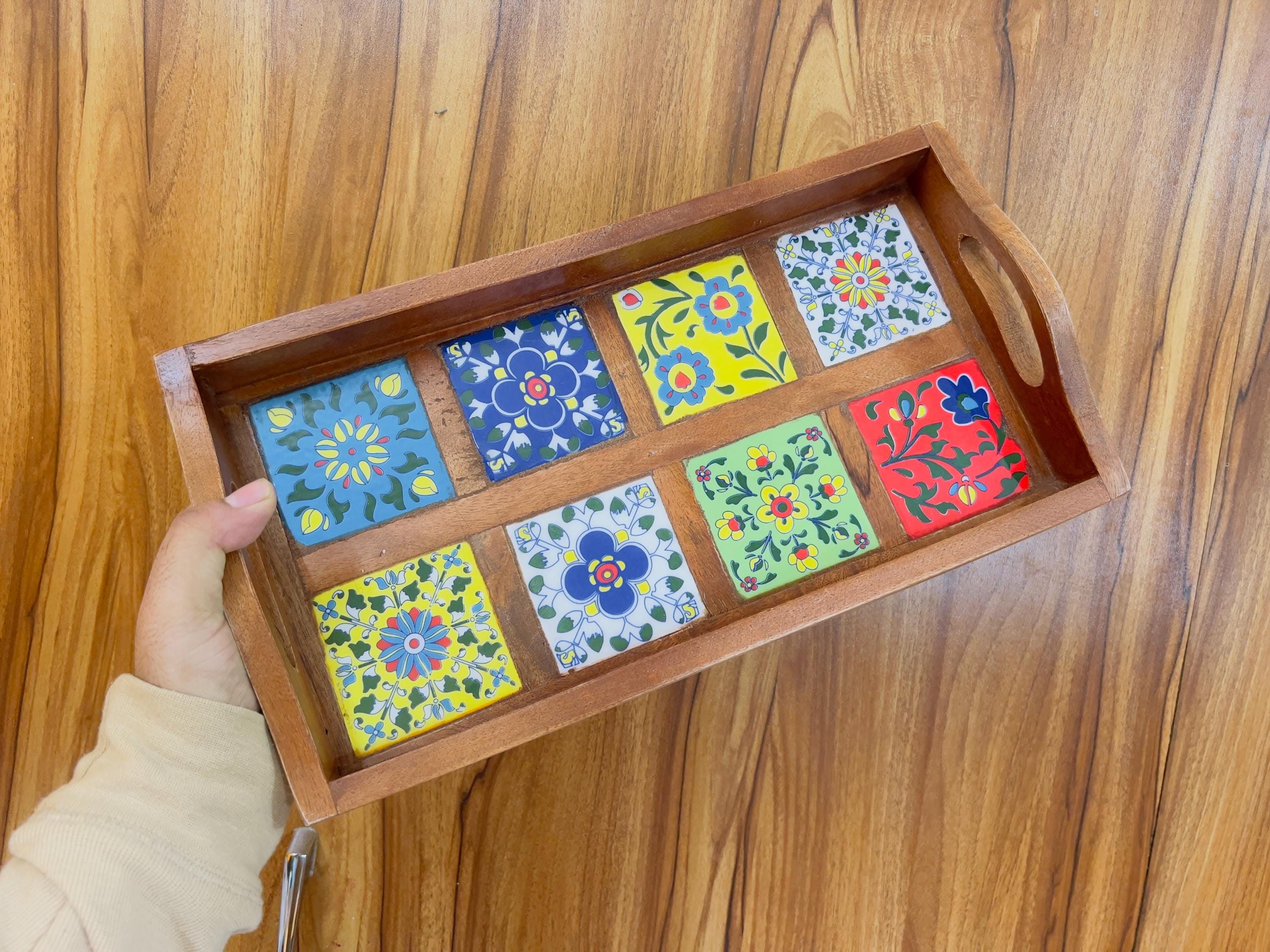 Wooden Serving Tray - 8 Ceramic Tiles