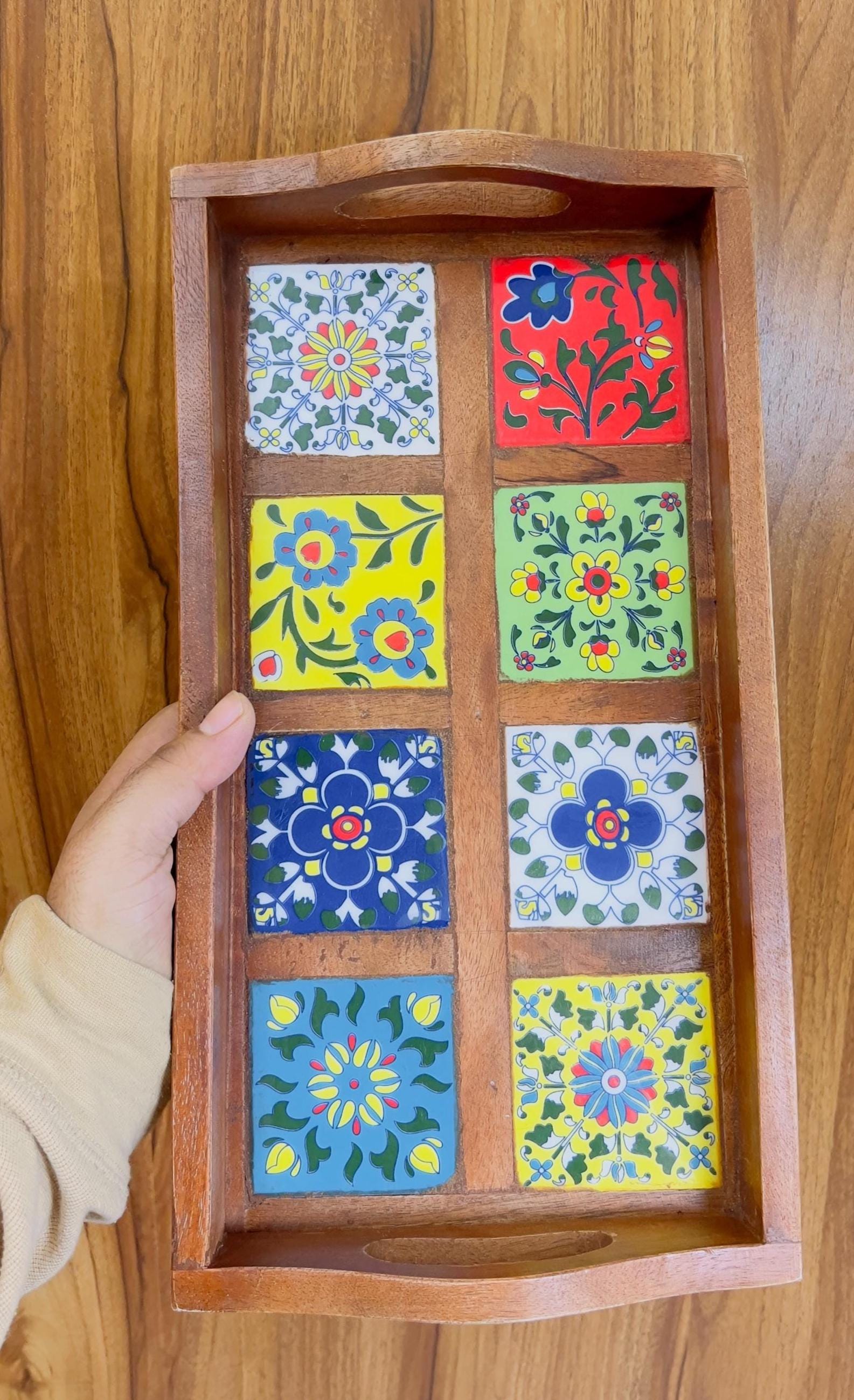 Wooden Serving Tray - 8 Ceramic Tiles