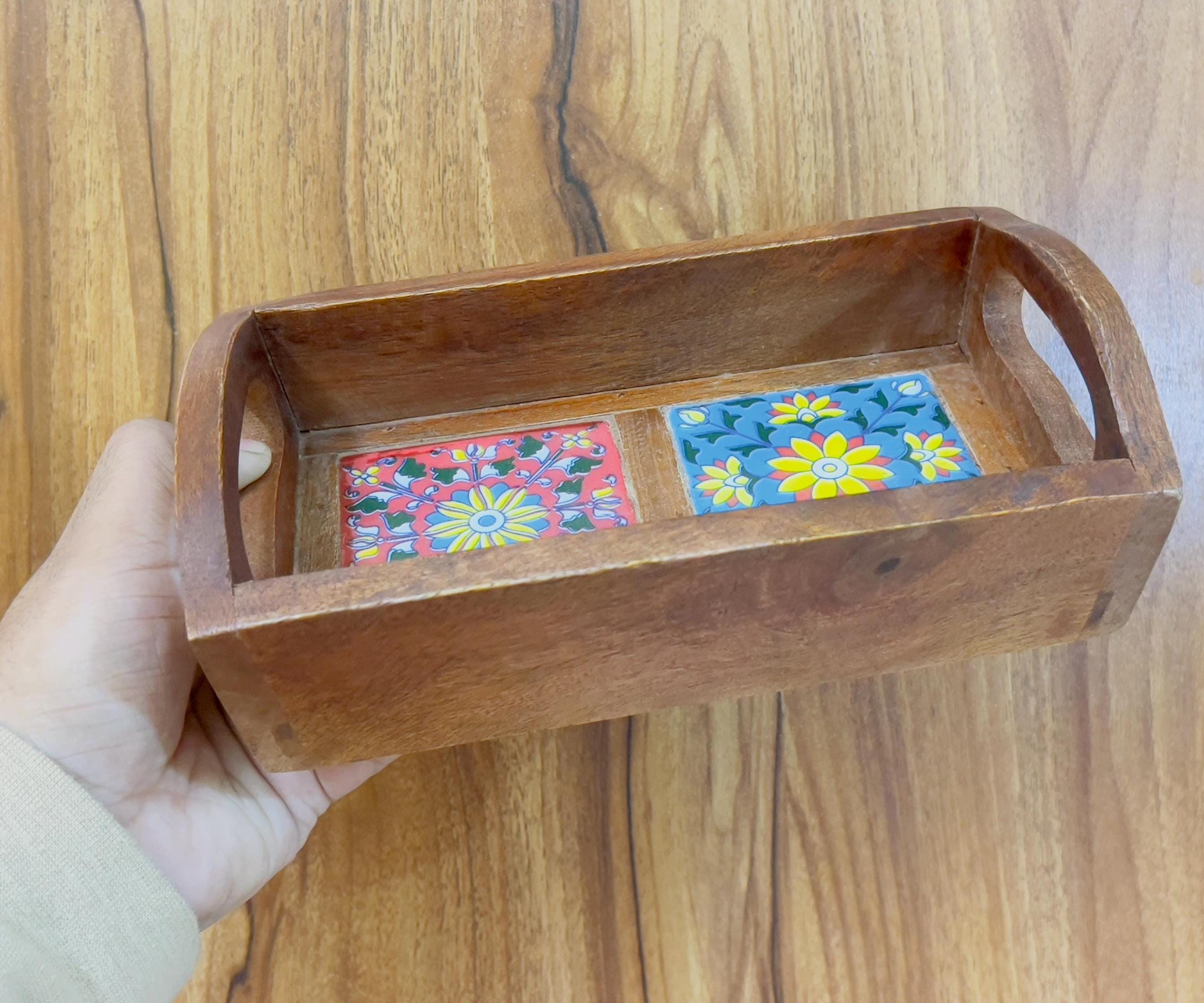Royal Handcrafted Wooden Serving Tray: Boho Floral 2 Inlay Ceramic Tiles tray
