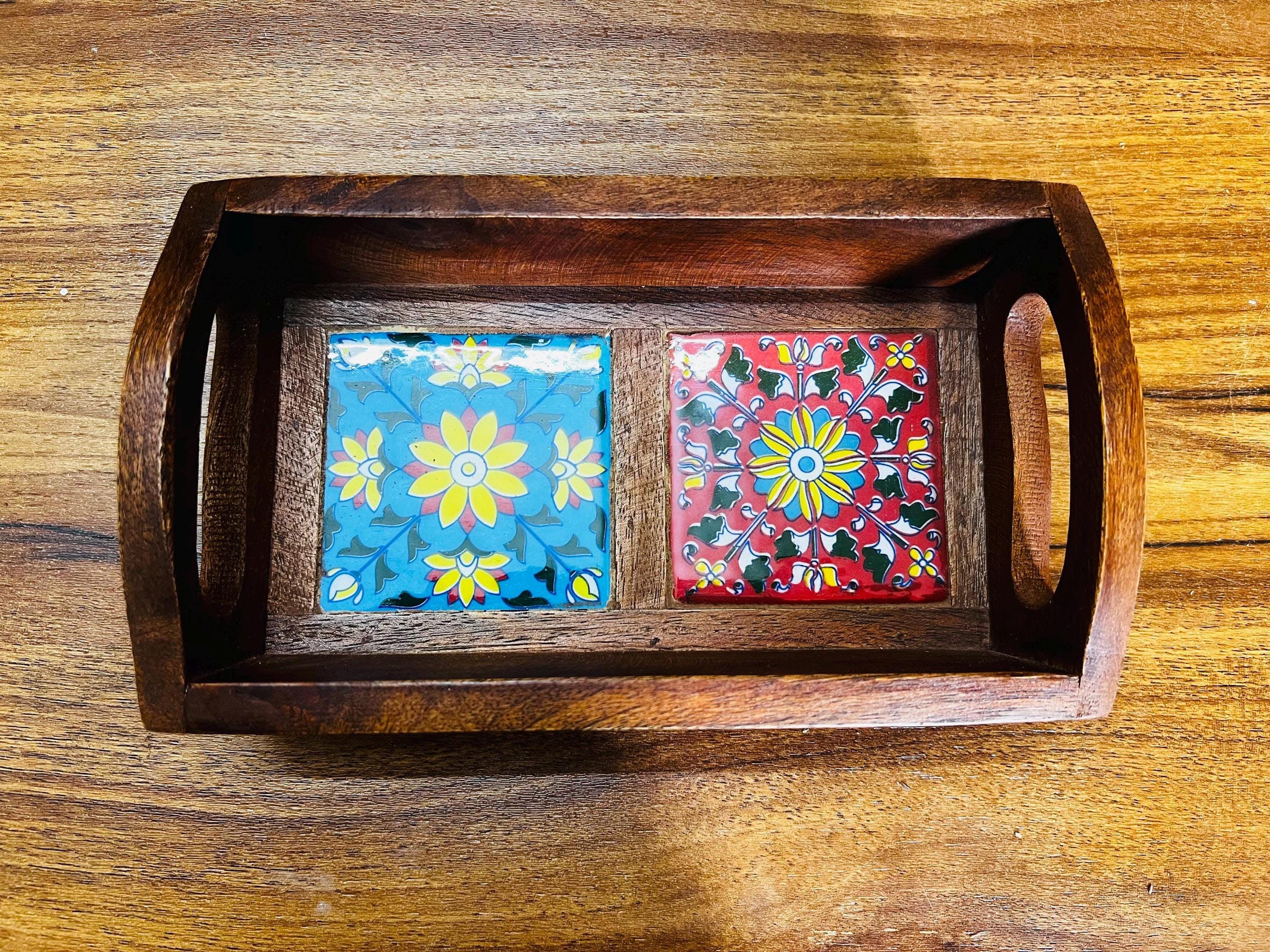 Royal Handcrafted Wooden Serving Tray: Boho Floral 2 Inlay Ceramic Tiles tray