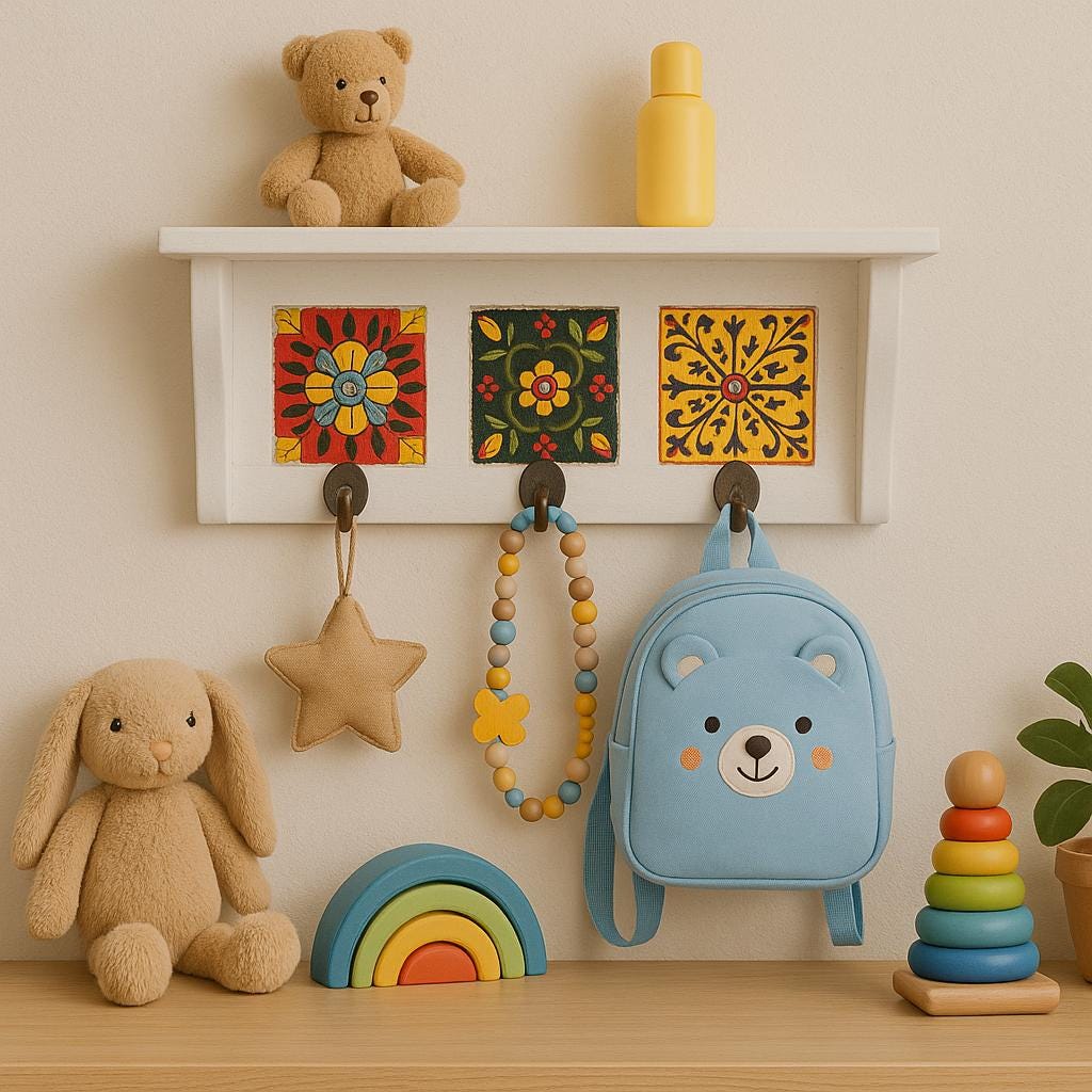 Rustic White  Ceramic Tile Key Rack  Minimalist Wooden Wall Hook for Entryway or Office