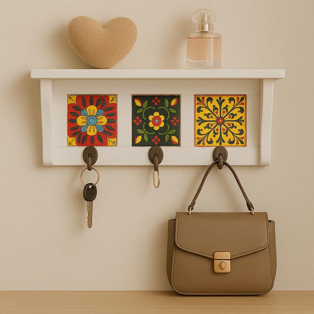 Rustic White  Ceramic Tile Key Rack  Minimalist Wooden Wall Hook for Entryway or Office