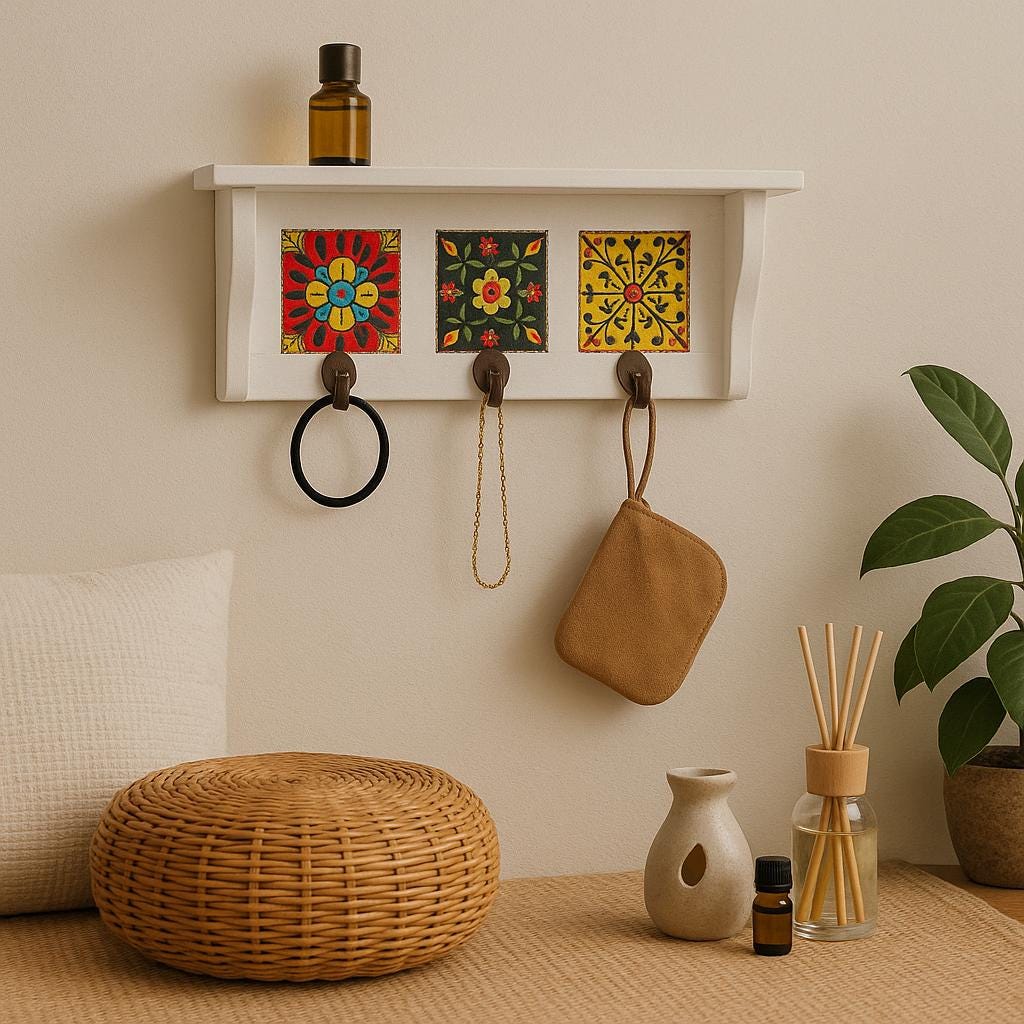 Rustic White  Ceramic Tile Key Rack  Minimalist Wooden Wall Hook for Entryway or Office