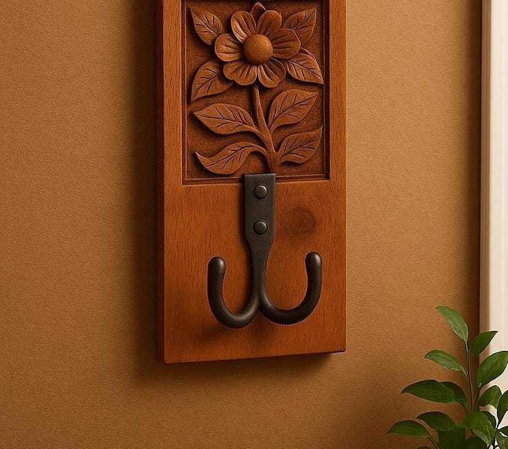 Hand-Carved Wooden Flower Wall Hook