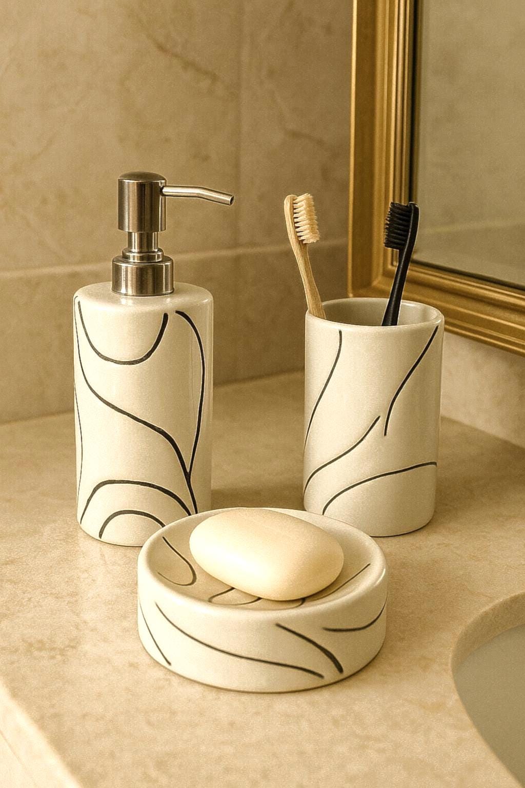 Handmade Ceramic Bathroom 3 Piece Set: Minimalist Black Line