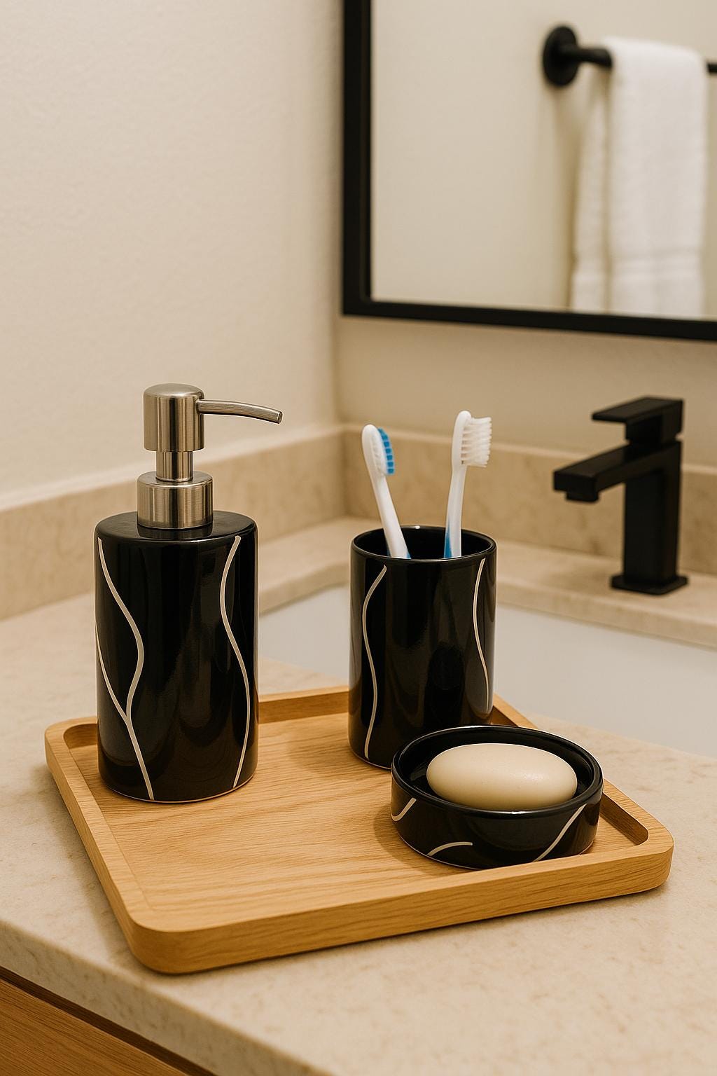 Handmade Ceramic Bathroom 3 Piece Set: Minimalist Black Line
