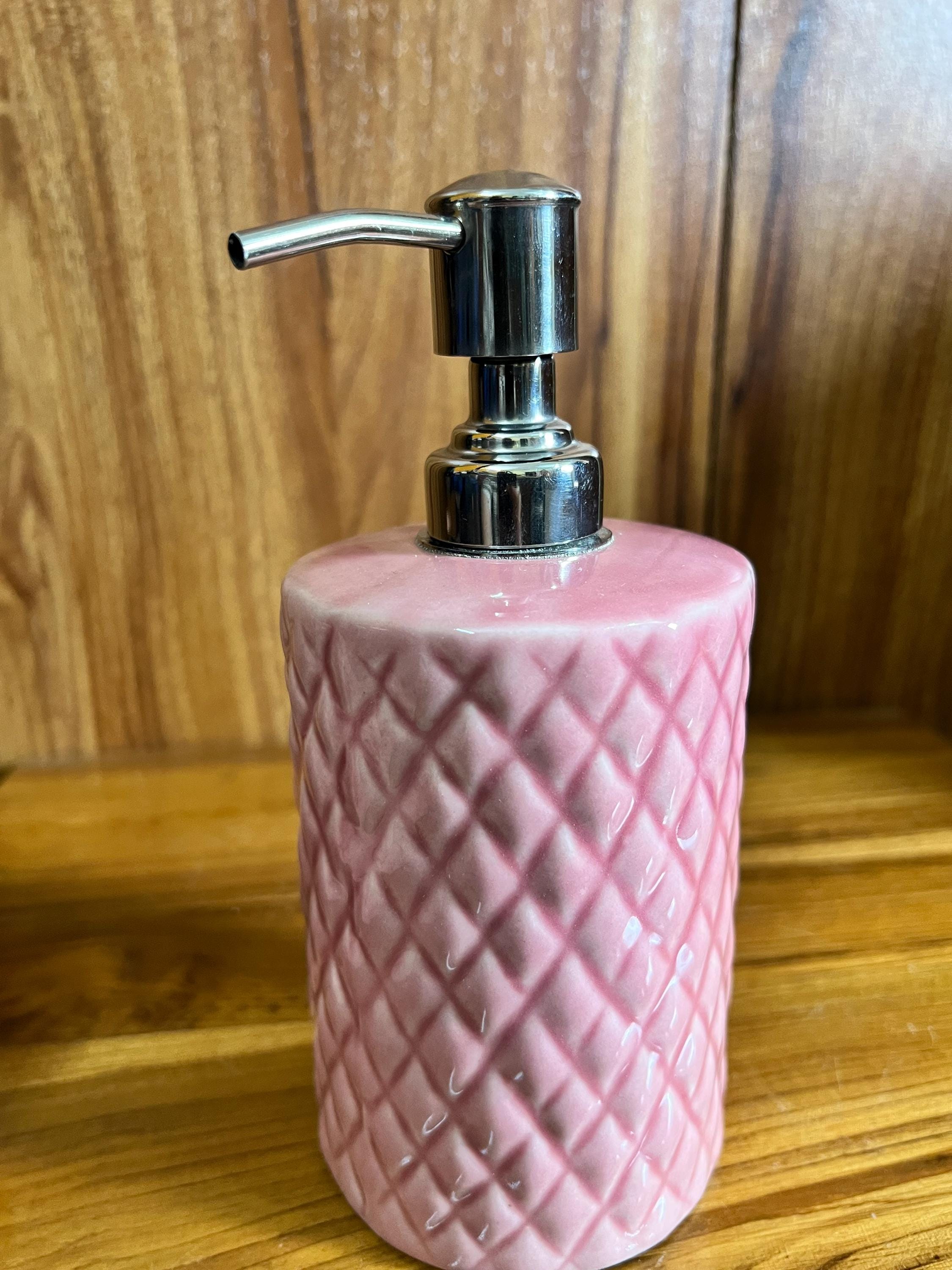 Pink Geometric Bathroom Accessories 3-PIECE Set - Soap Dispenser, Toothbrush Holder, Tray