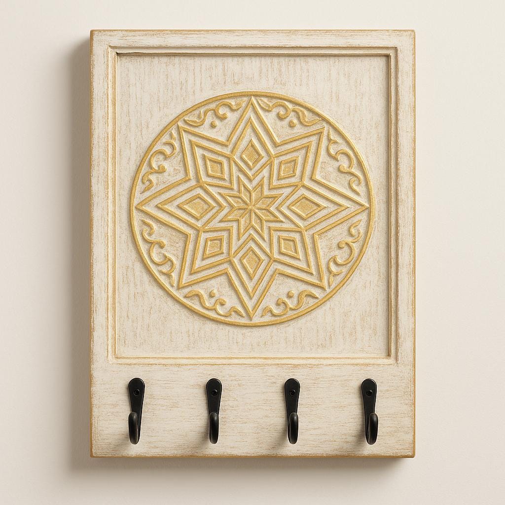 Wooden Wall Key  6 Black Hooks | Mandala carvedWooden Key Holder | Handcrafted Solid Wood Wall Decor