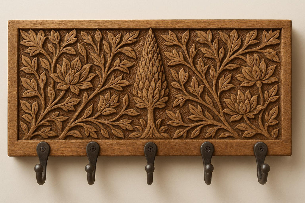 Wooden Wall Key Holder - 5 Black Hooks