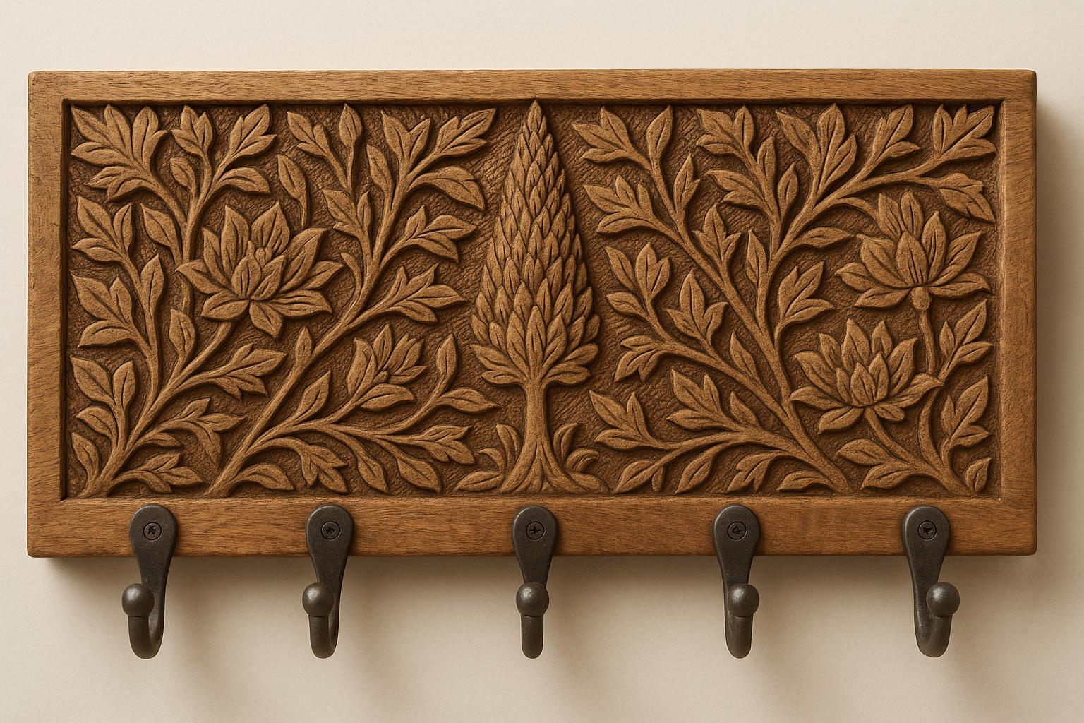 Wooden Wall Key Holder - 5 Black Hooks