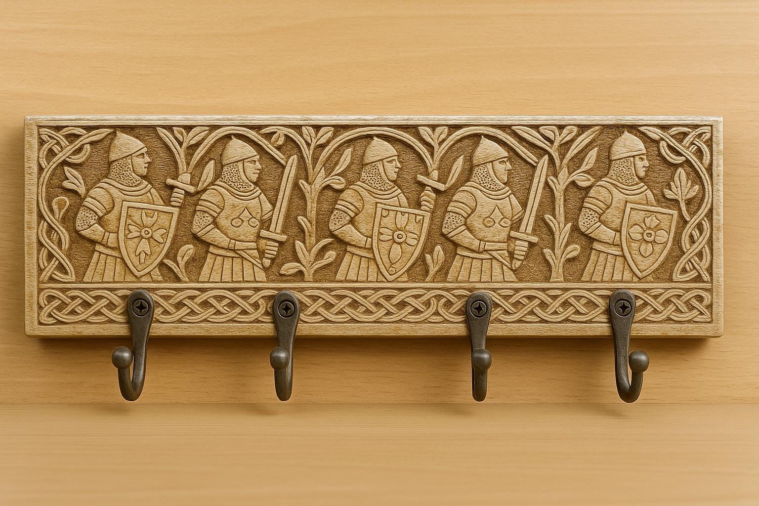 Wooden Wall Key Holder - 6 Black Hooks