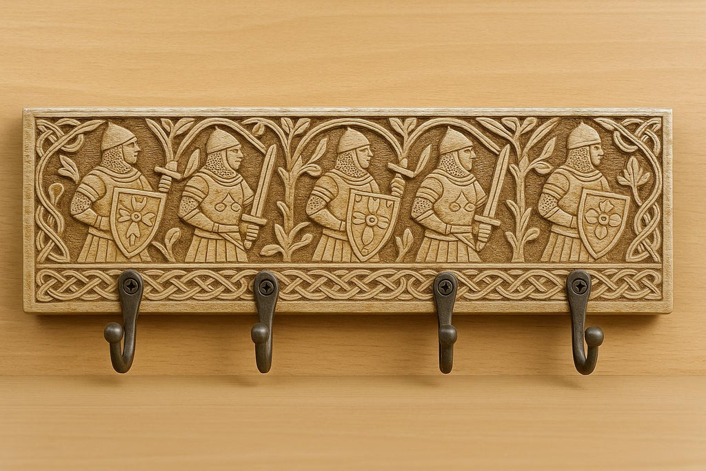 Wooden Wall Key Holder - 6 Black Hooks