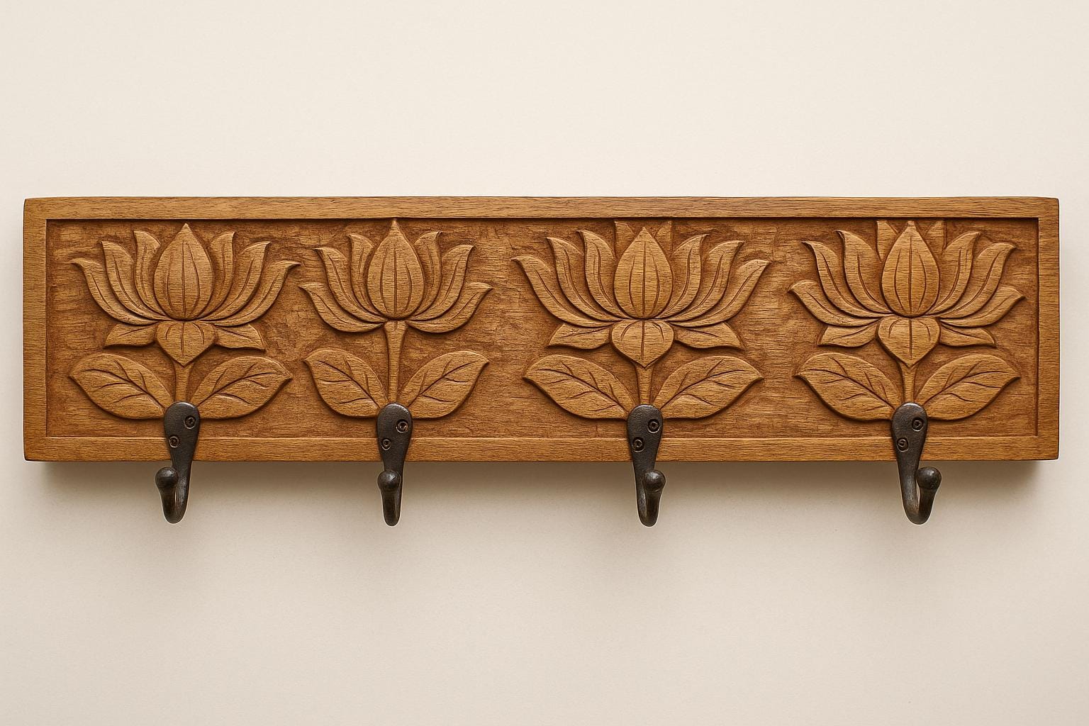 Wooden Wall Key  4 Black Hooks |   Luxury lotus Design Organizer | Handcrafted Solid Wood Wall Decor