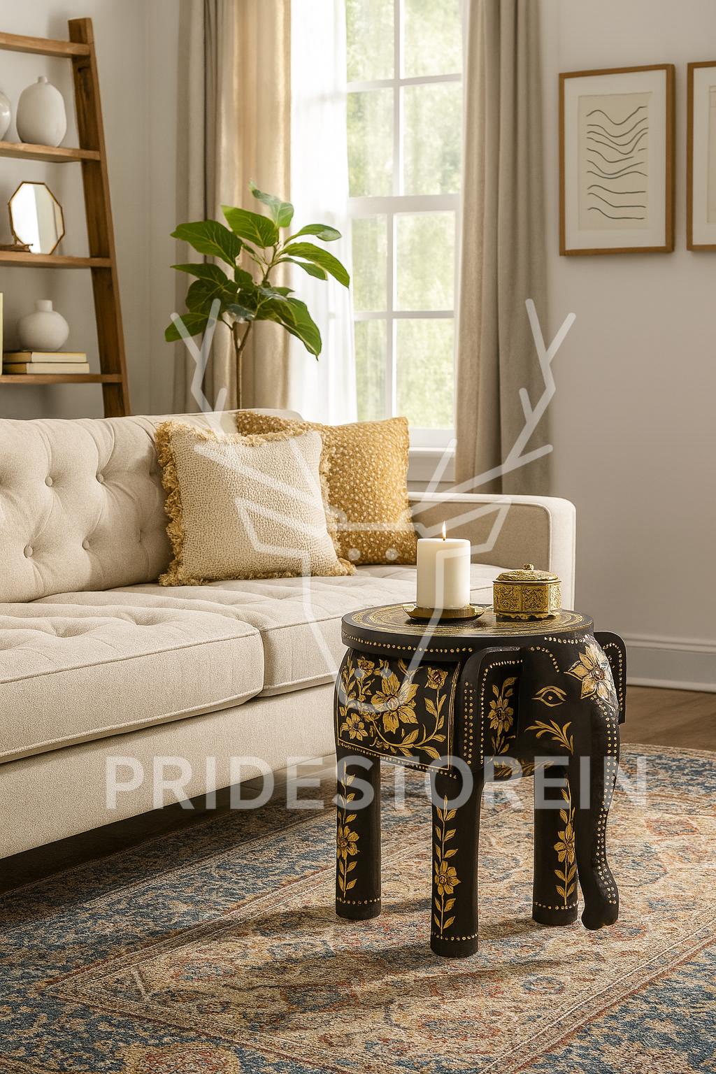 Black Teak Elephant Accent Stool