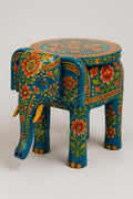 Handcrafted Wooden Elephant Stool: Boho Accent Table, Floral Tile Inlay