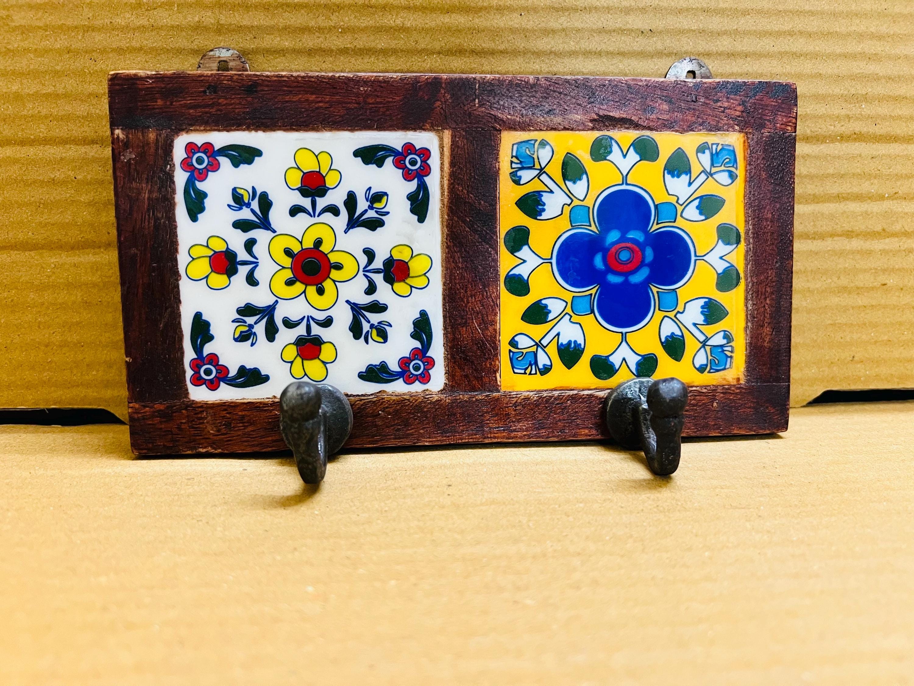 Bohemian Entryway 2 Wall Hook  White Wooden Key Rack with Ceramic Tile Inlay - Modern Entryway Organizer(Tiles design will be Random)