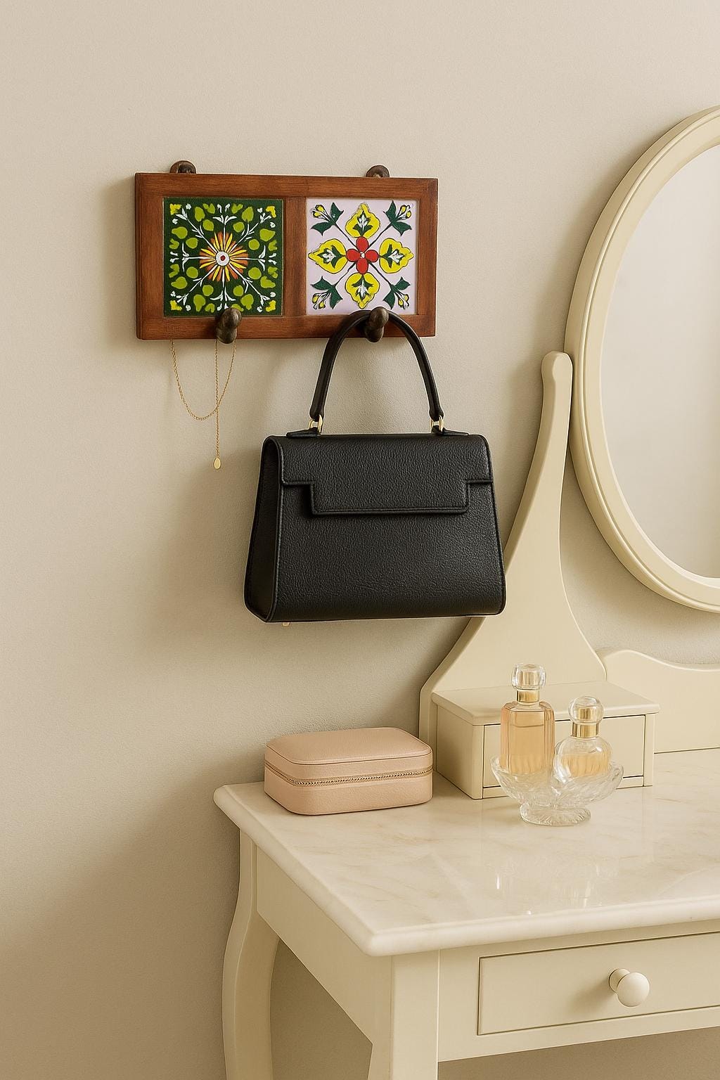 Bohemian Entryway 2 Wall Hook  White Wooden Key Rack with Ceramic Tile Inlay - Modern Entryway Organizer(Tiles design will be Random)