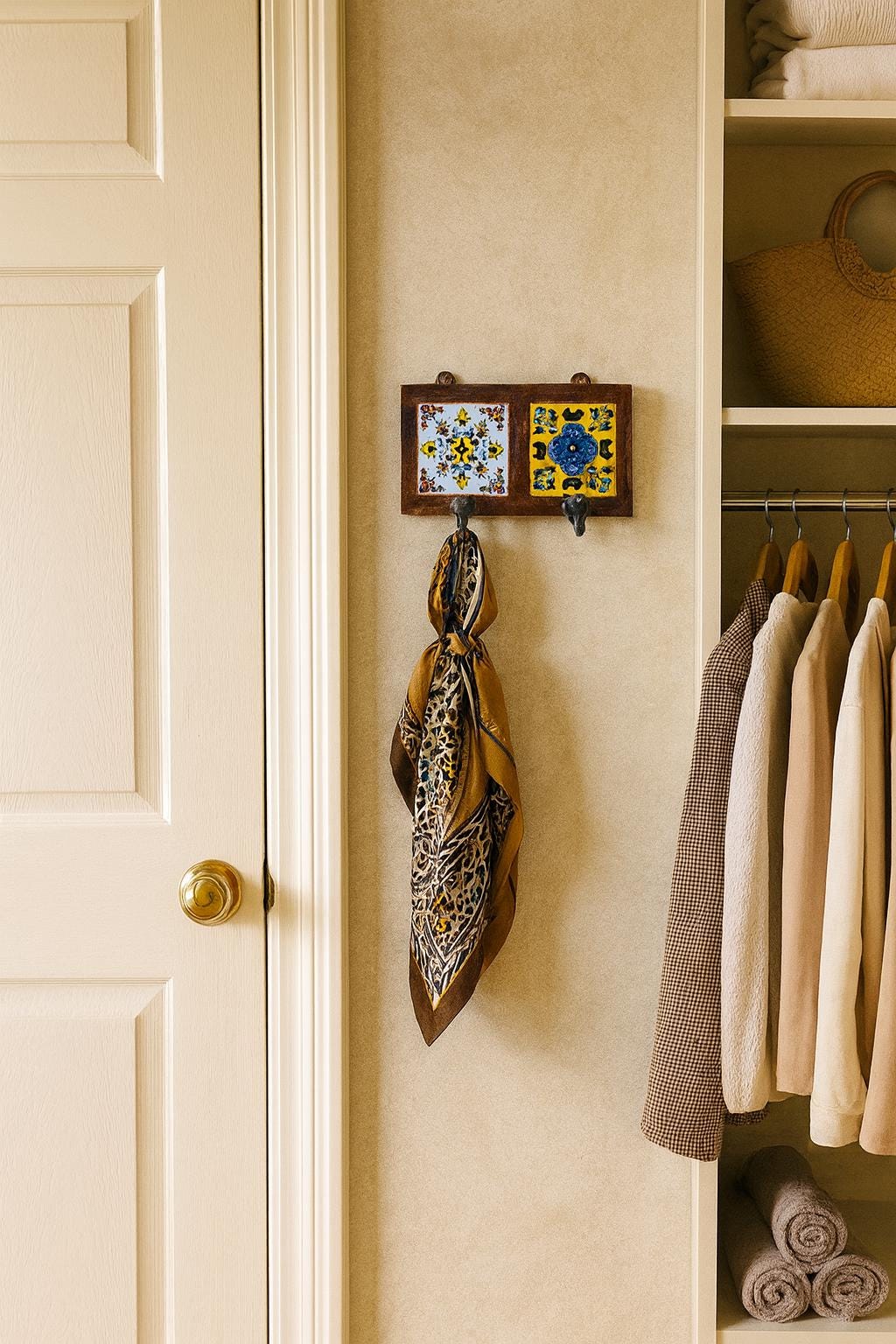 Bohemian Entryway 2 Wall Hook  White Wooden Key Rack with Ceramic Tile Inlay - Modern Entryway Organizer(Tiles design will be Random)