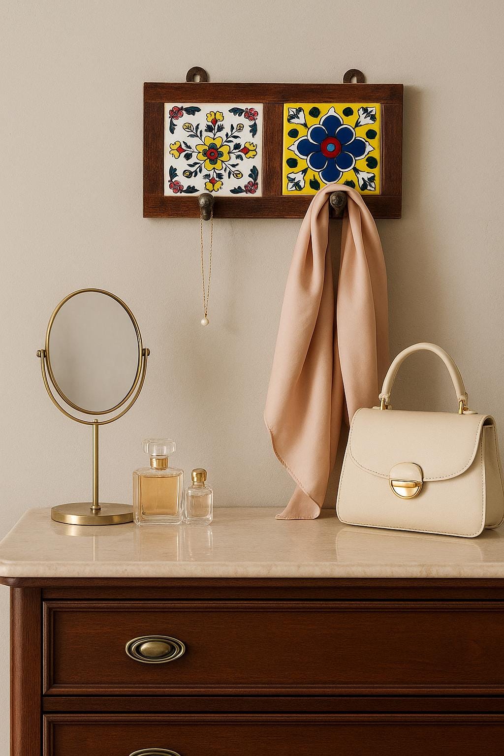 Bohemian Entryway 2 Wall Hook  White Wooden Key Rack with Ceramic Tile Inlay - Modern Entryway Organizer(Tiles design will be Random)