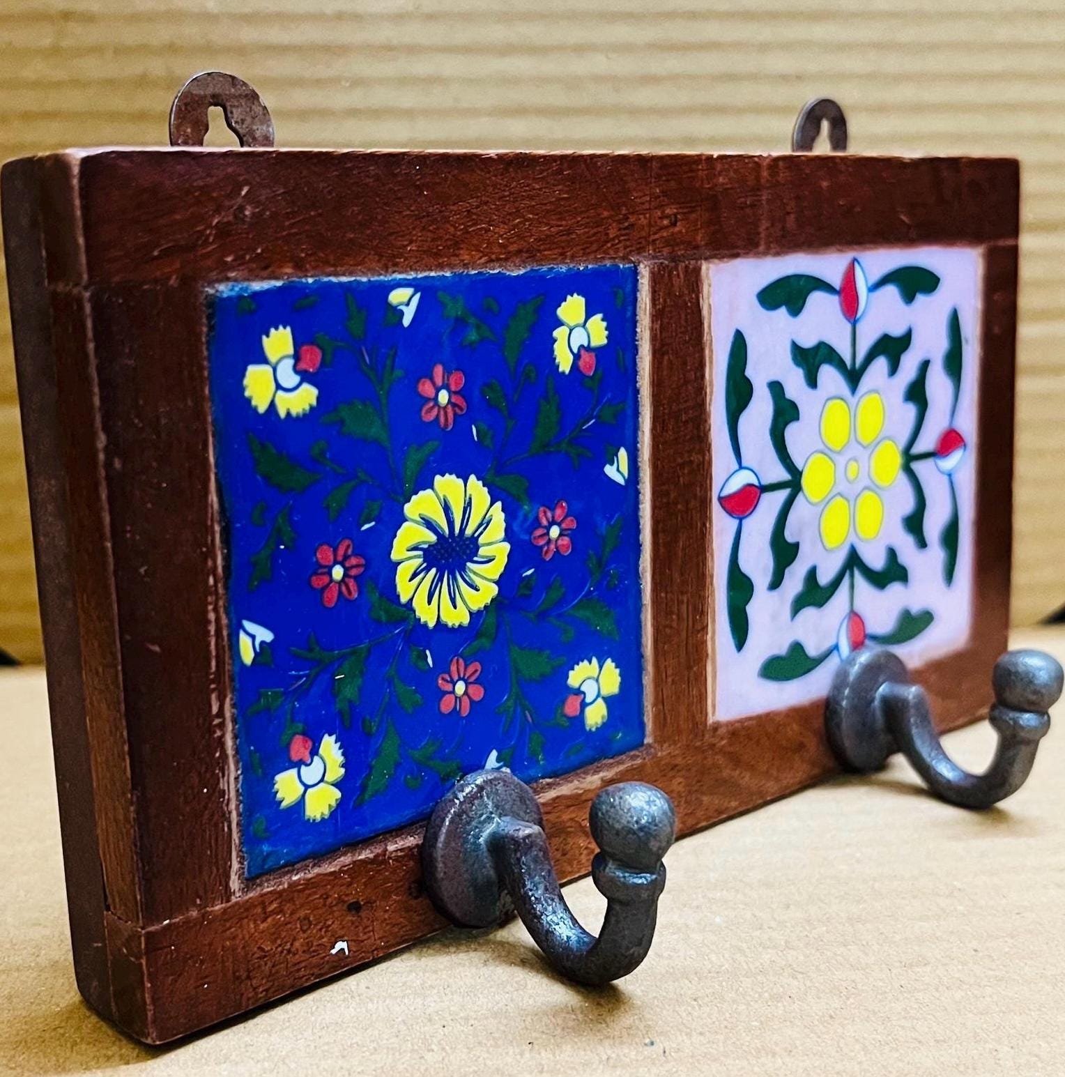 Bohemian Entryway 2 Wall Hook  White Wooden Key Rack with Ceramic Tile Inlay - Modern Entryway Organizer(Tiles design will be Random)