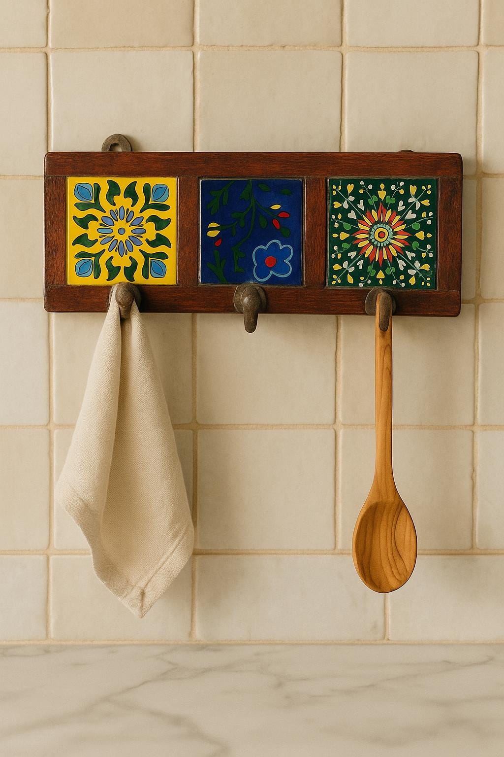 Wooden Key Rack - Ceramic Tile Inlay