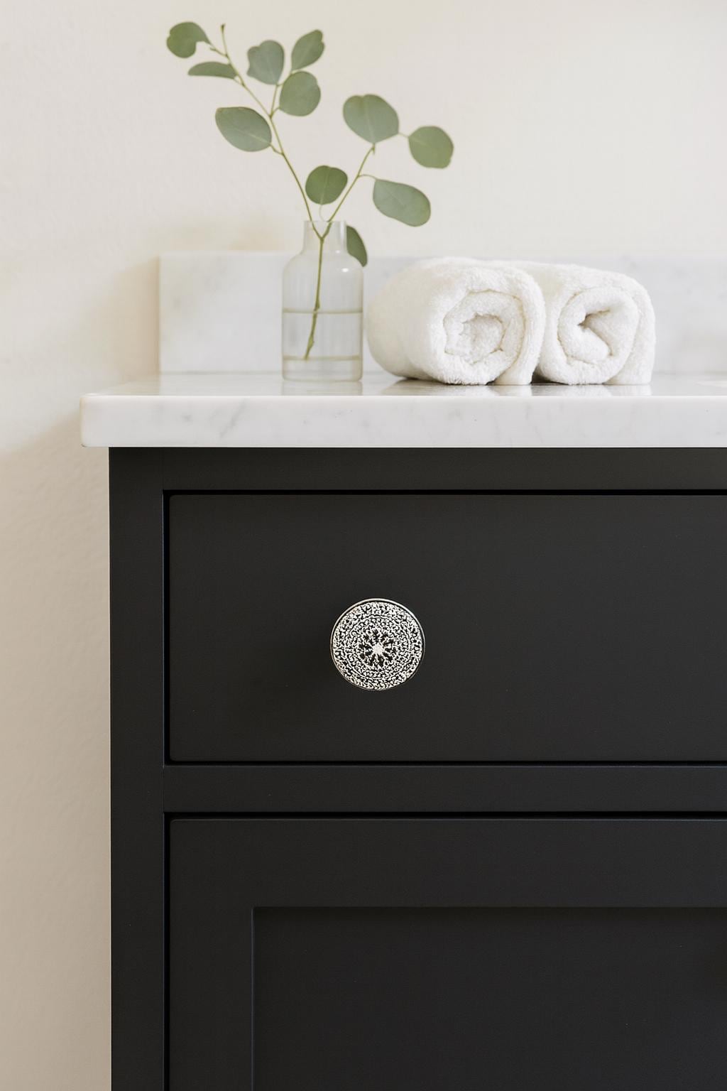 Black White Ceramic  10 Cabinet Knob Set  Mandala Drawer Pull Nuts & Bolts Included