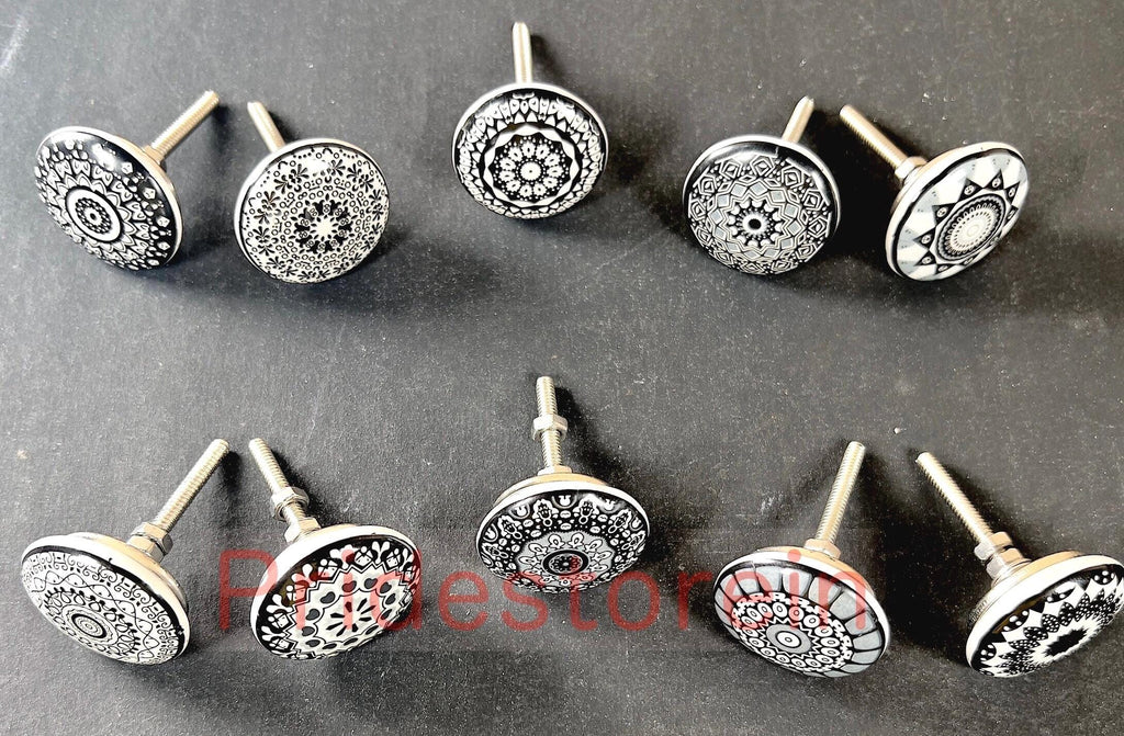 Black White Ceramic  10 Cabinet Knob Set  Mandala Drawer Pull Nuts & Bolts Included