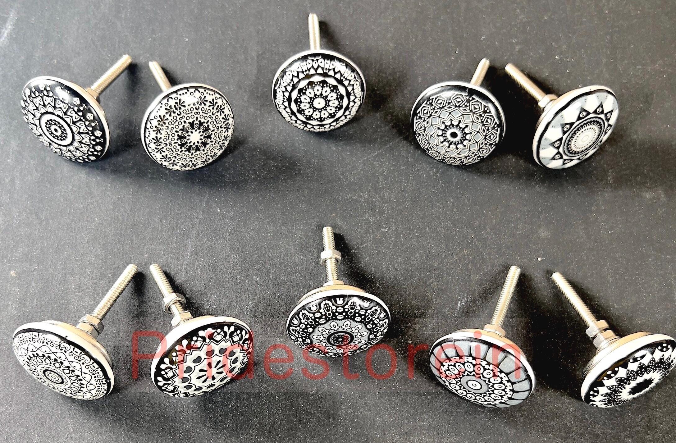 Black White Ceramic  10 Cabinet Knob Set  Mandala Drawer Pull Nuts & Bolts Included